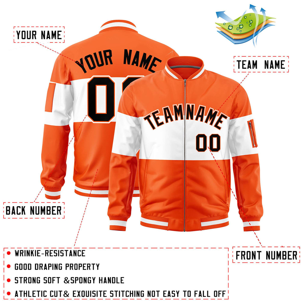 Custom Orange White-Orange Varsity Full-Zip Color Block Letterman Bomber Jacket