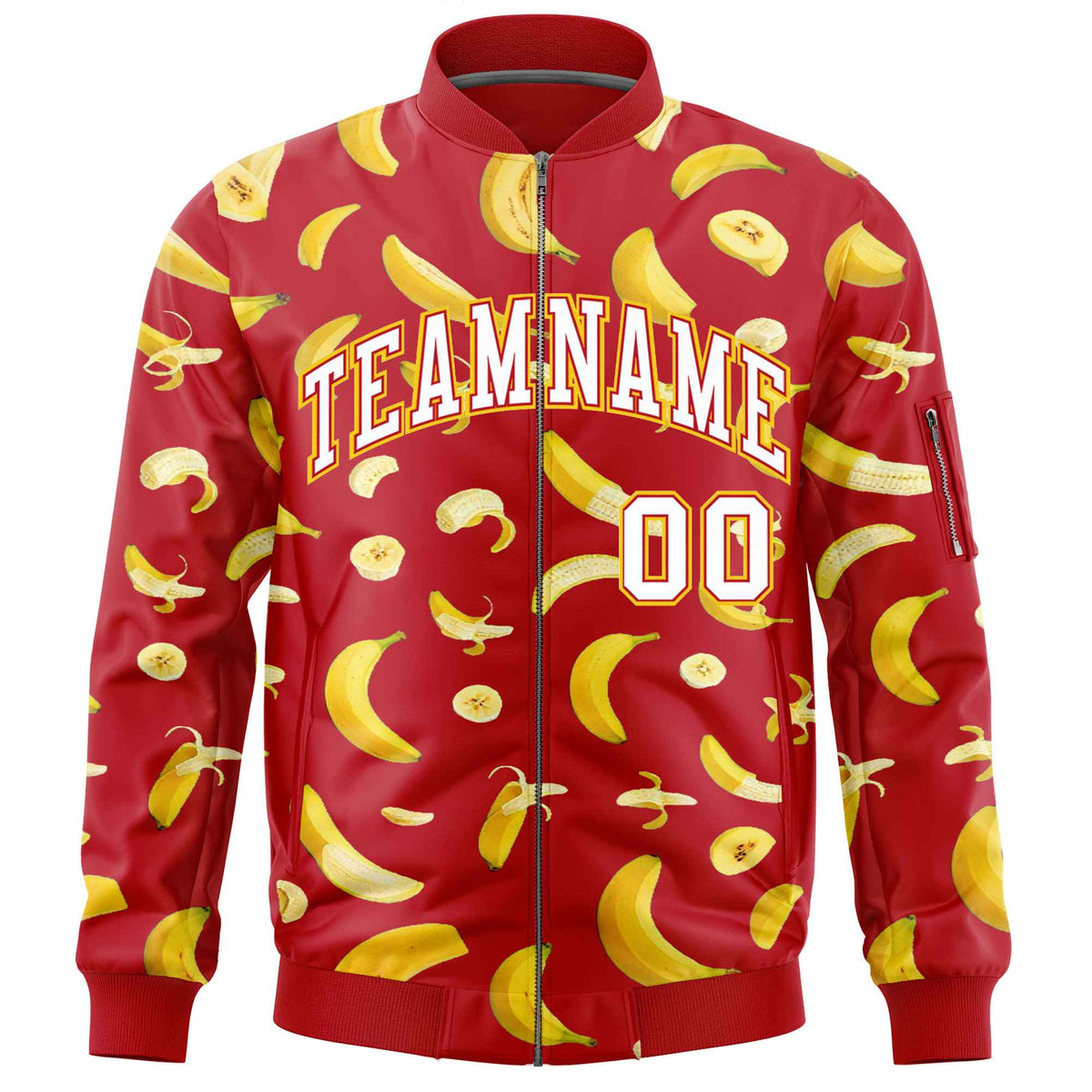 Custom Red Varsity Full-Zip Banana Pattern Letterman Bomber Jacket | Graffiti Pattern | Embroidery&amp;Dye-sublimation printing | KXKSHOP