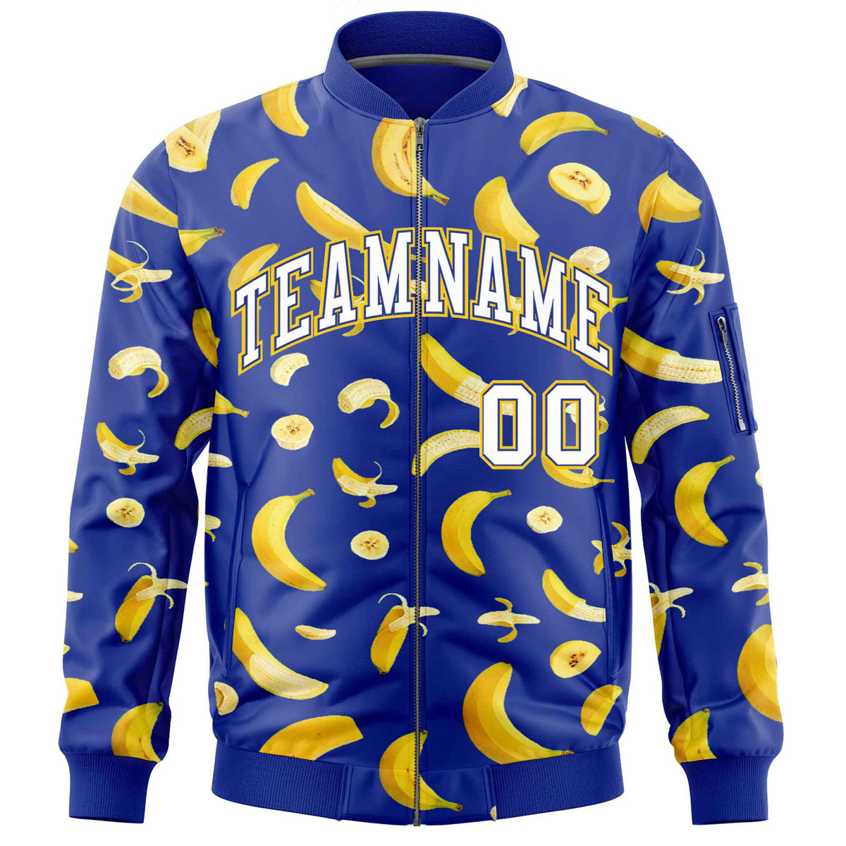 Custom Royal Blue Varsity Full-Zip Banana Pattern Letterman Bomber Jacket | Graffiti Pattern | Embroidery&amp;Dye-sublimation printing | KXKSHOP