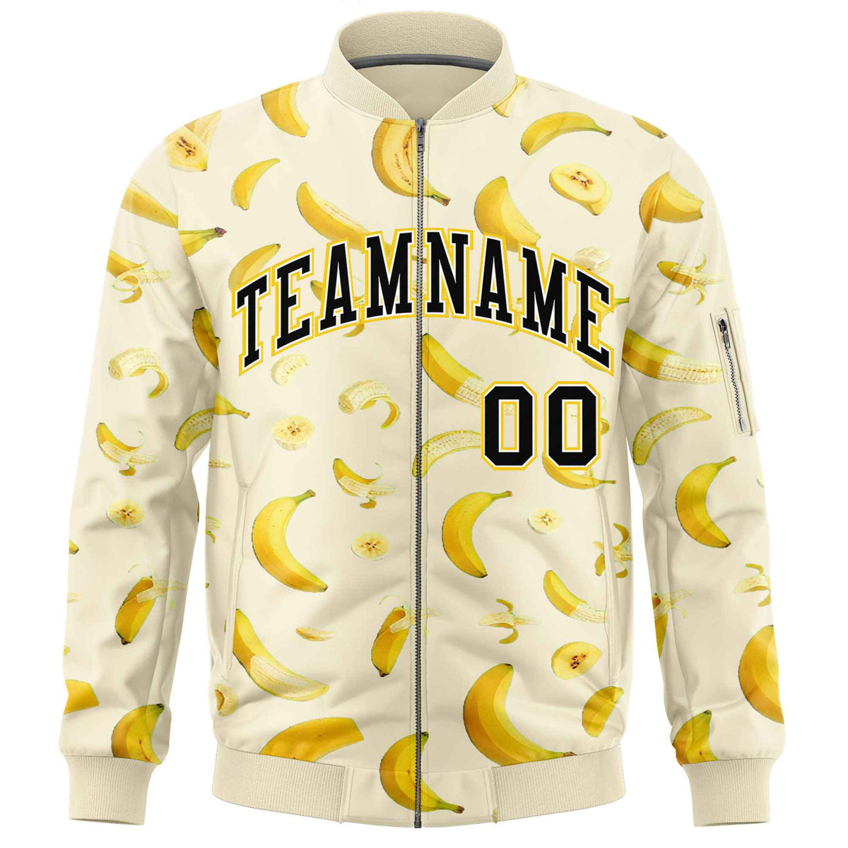 Custom Cream Varsity Full-Zip Banana Pattern Letterman Bomber Jacket | Graffiti Pattern | Embroidery&amp;Dye-sublimation printing | KXKSHOP