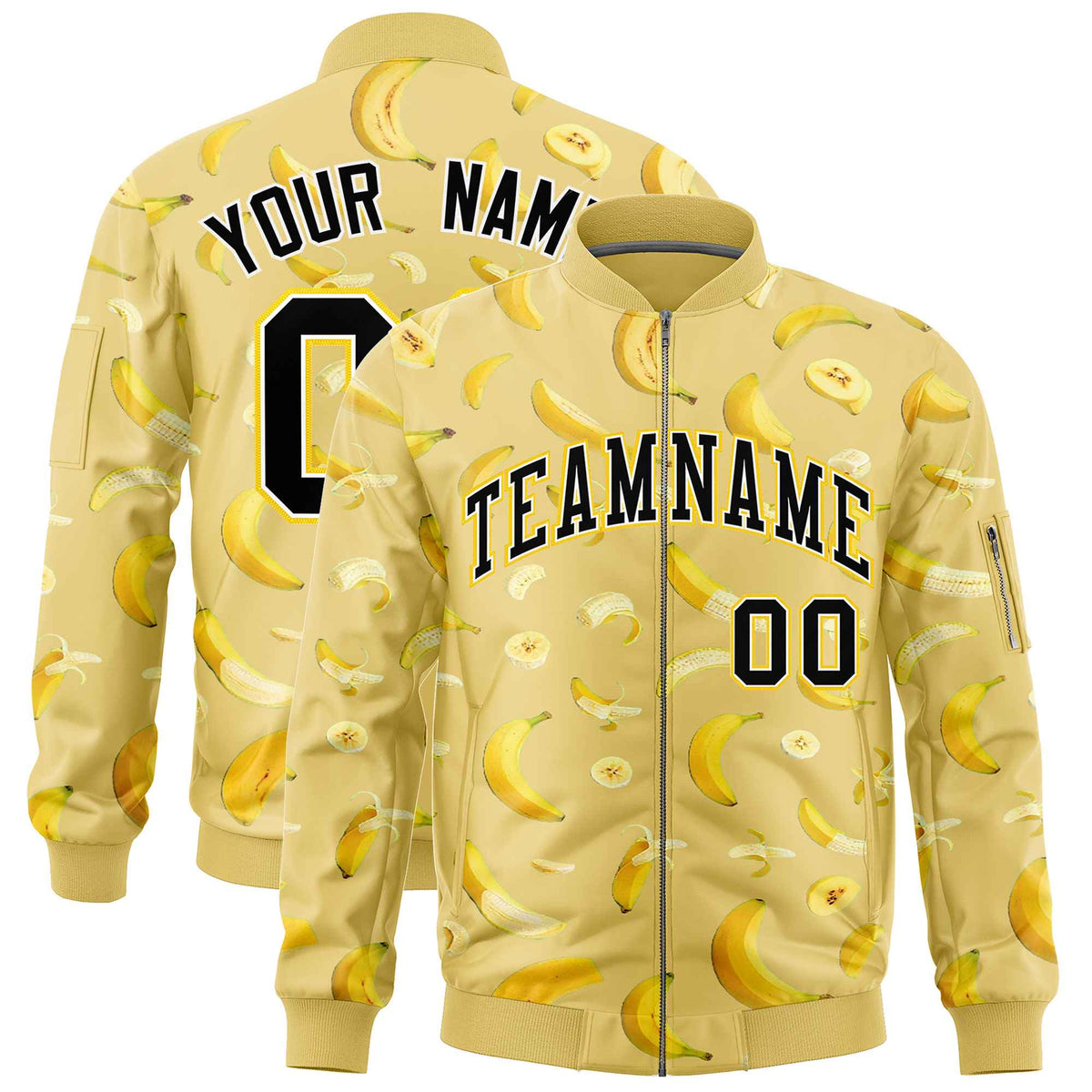 Custom Old Gold Varsity Full-Zip Banana Pattern Letterman Bomber Jacket | Graffiti Pattern | Embroidery&amp;Dye-sublimation printing | KXKSHOP