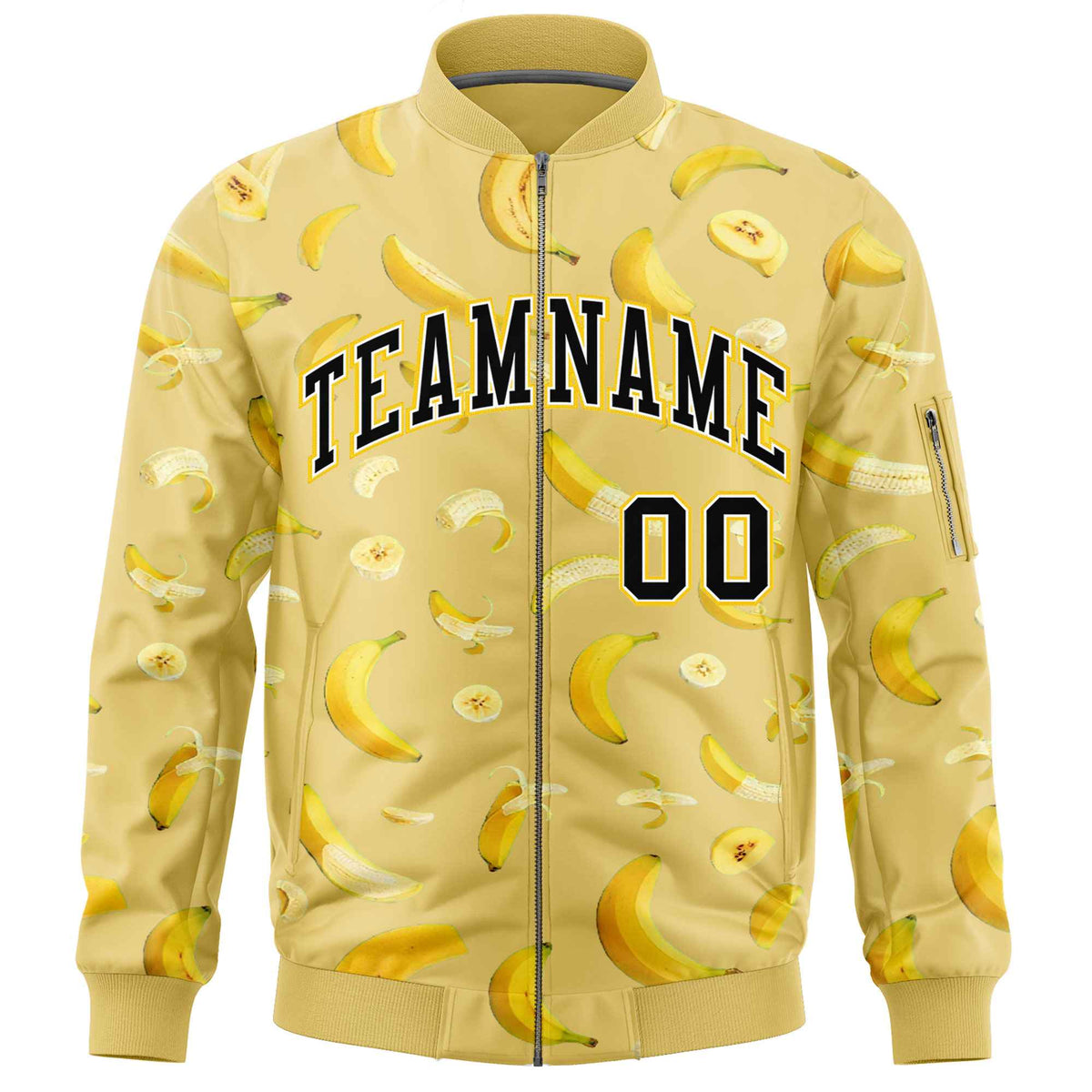 Custom Old Gold Varsity Full-Zip Banana Pattern Letterman Bomber Jacket | Graffiti Pattern | Embroidery&amp;Dye-sublimation printing | KXKSHOP