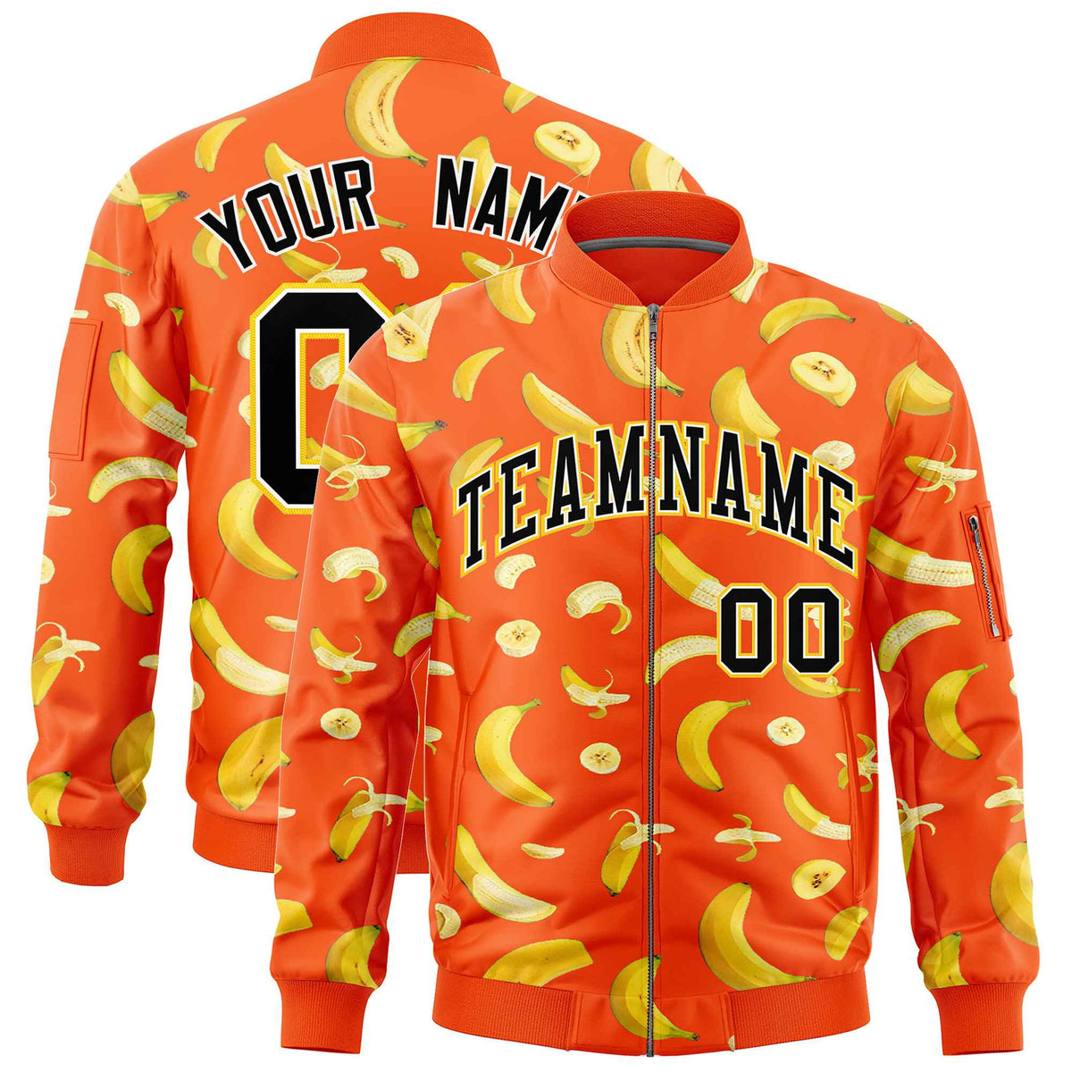 Custom Orange Varsity Full-Zip Banana Pattern Letterman Bomber Jacket | Graffiti Pattern | Embroidery&amp;Dye-sublimation printing | KXKSHOP