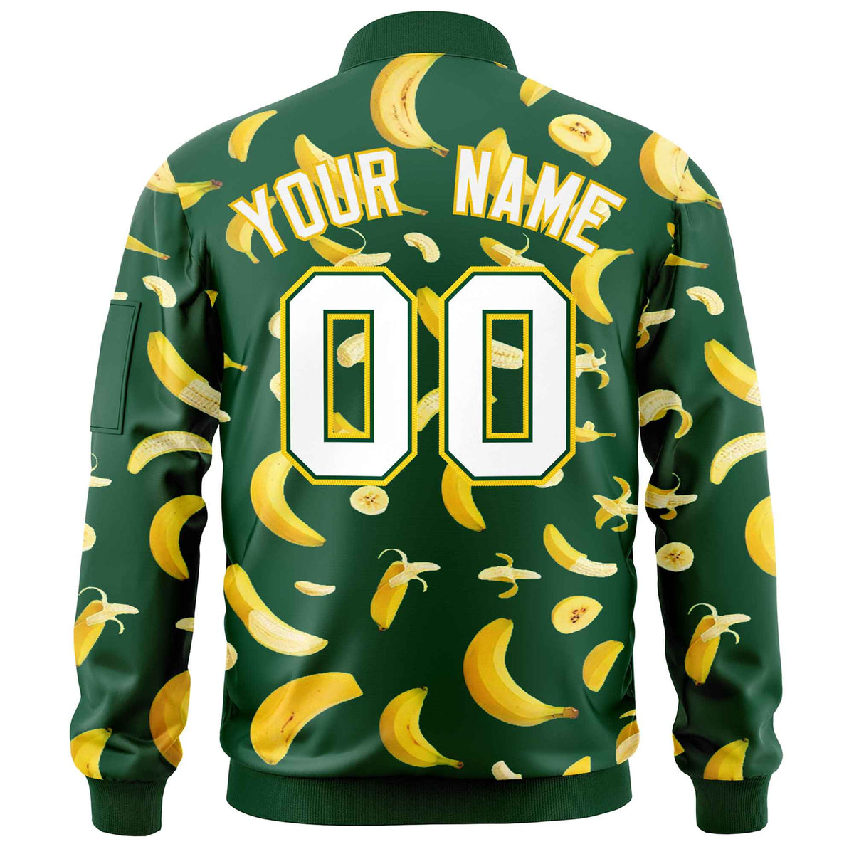 Custom Green Varsity Full-Zip Banana Pattern Letterman Bomber Jacket | Graffiti Pattern | Embroidery&amp;Dye-sublimation printing | KXKSHOP
