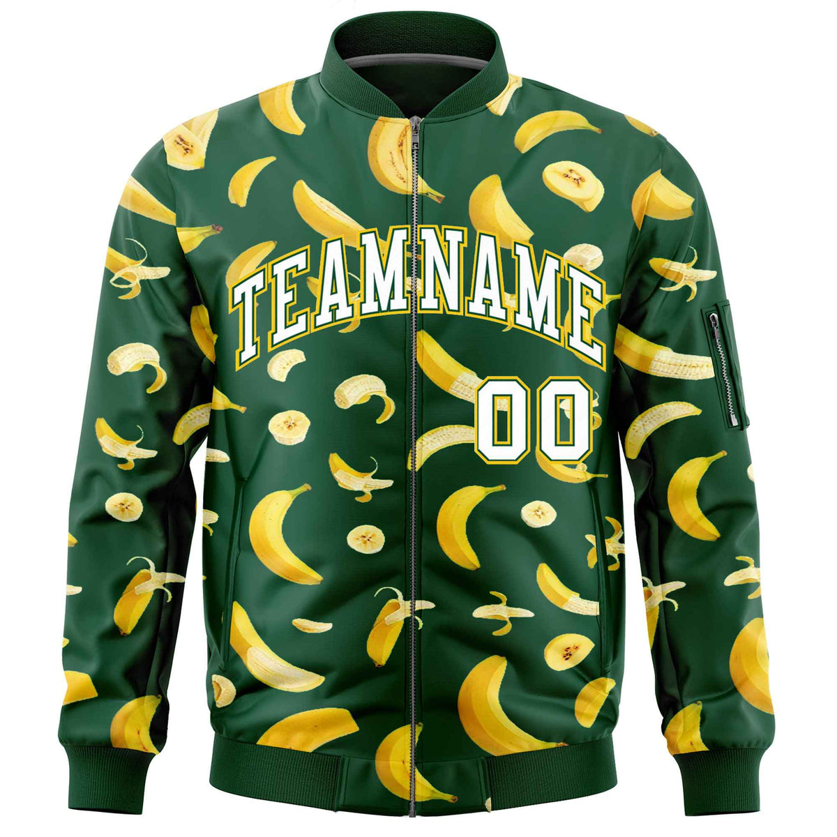 Custom Green Varsity Full-Zip Banana Pattern Letterman Bomber Jacket | Graffiti Pattern | Embroidery&amp;Dye-sublimation printing | KXKSHOP