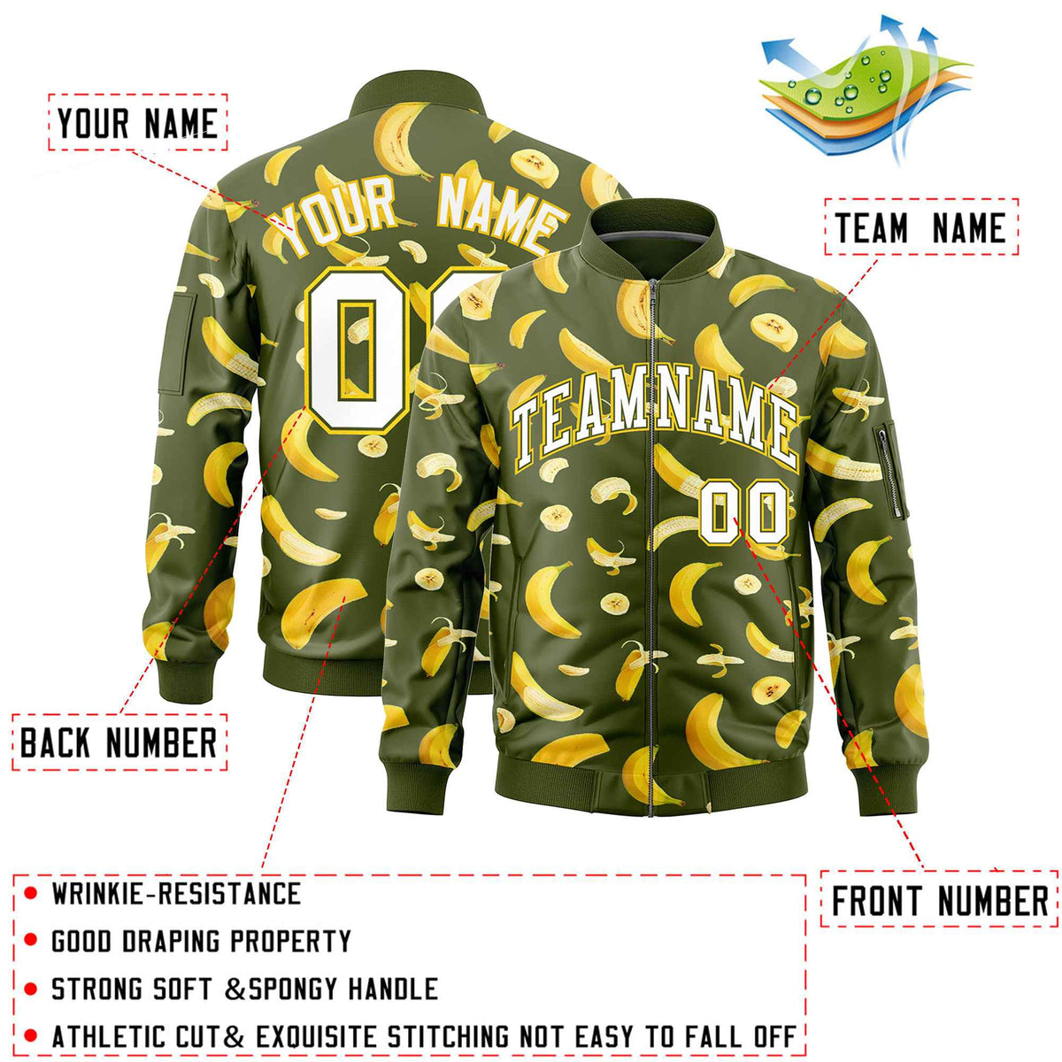 Custom Olive Varsity Full-Zip Banana Pattern Letterman Bomber Jacket | Graffiti Pattern | Embroidery&amp;Dye-sublimation printing | KXKSHOP