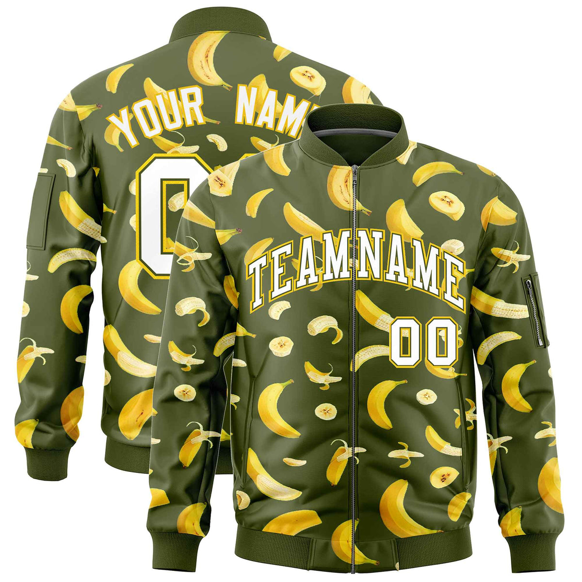 Custom Olive Varsity Full-Zip Banana Pattern Letterman Bomber Jacket | Graffiti Pattern | Embroidery&amp;Dye-sublimation printing | KXKSHOP