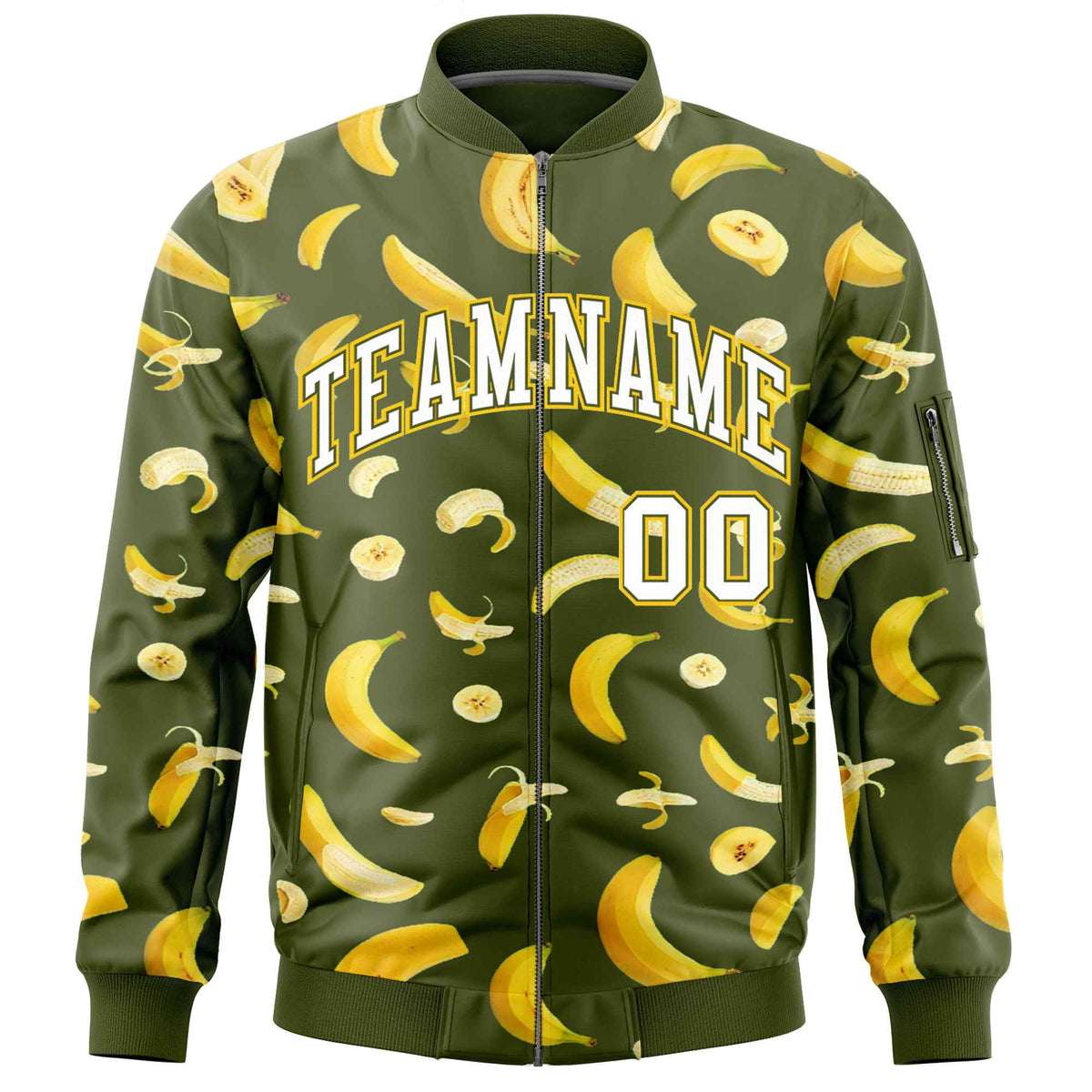 Custom Olive Varsity Full-Zip Banana Pattern Letterman Bomber Jacket | Graffiti Pattern | Embroidery&amp;Dye-sublimation printing | KXKSHOP