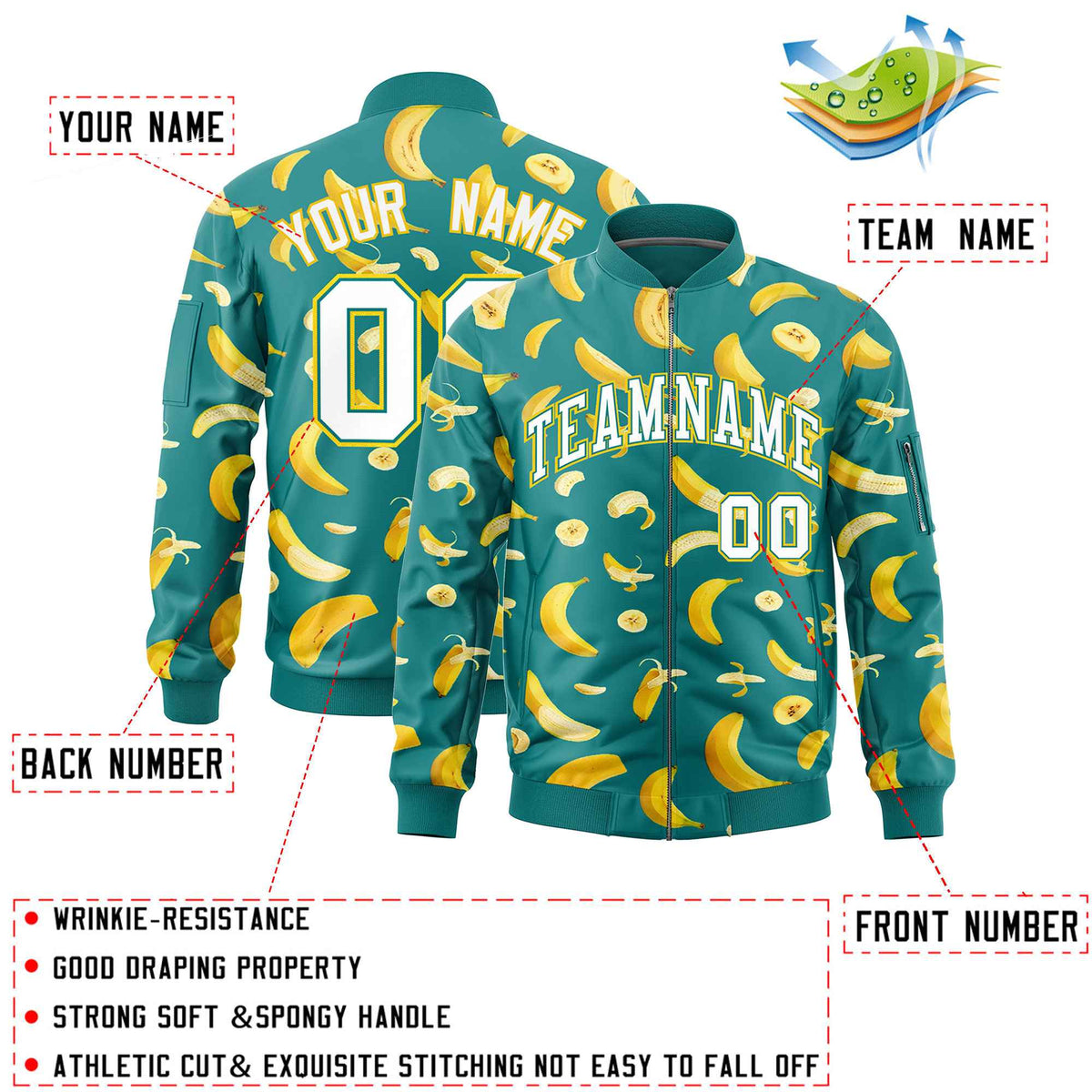Custom Teal Varsity Full-Zip Banana Pattern Letterman Bomber Jacket | Graffiti Pattern | Embroidery&amp;Dye-sublimation printing | KXKSHOP