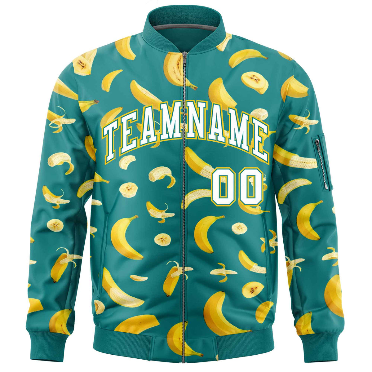 Custom Teal Varsity Full-Zip Banana Pattern Letterman Bomber Jacket | Graffiti Pattern | Embroidery&amp;Dye-sublimation printing | KXKSHOP