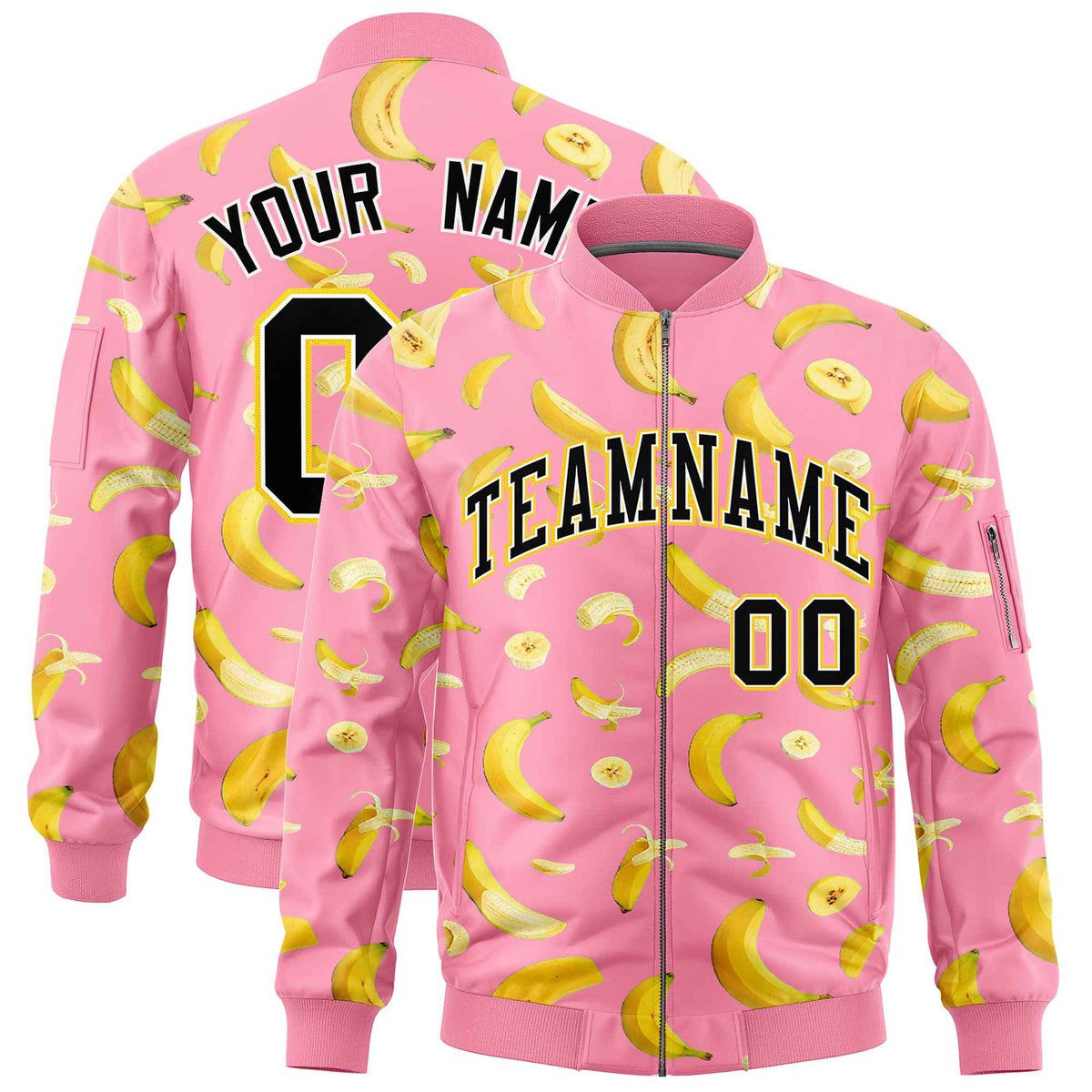 Custom Light Pink Varsity Full-Zip Banana Pattern Letterman Bomber Jacket | Graffiti Pattern | Embroidery&amp;Dye-sublimation printing | KXKSHOP
