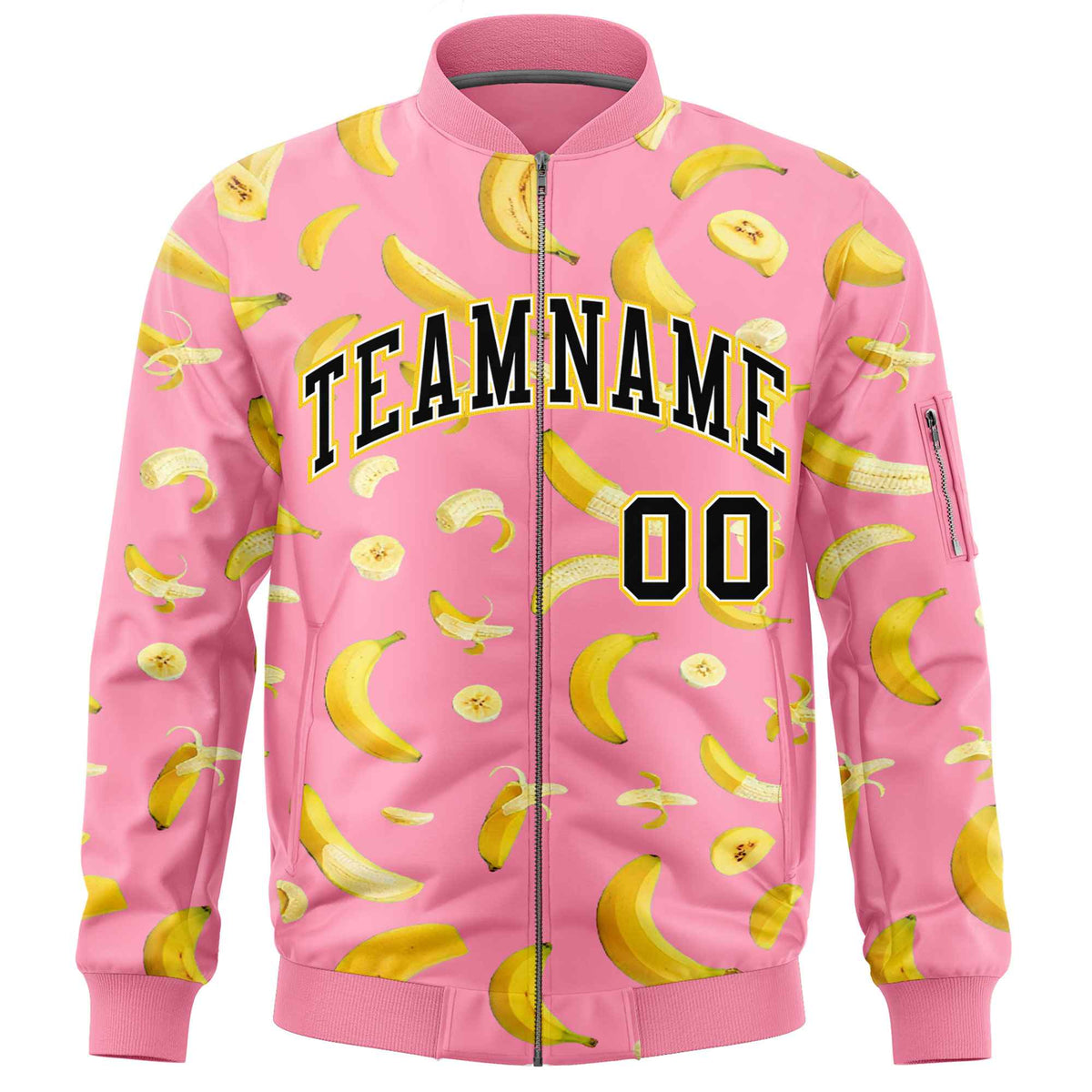 Custom Light Pink Varsity Full-Zip Banana Pattern Letterman Bomber Jacket | Graffiti Pattern | Embroidery&amp;Dye-sublimation printing | KXKSHOP