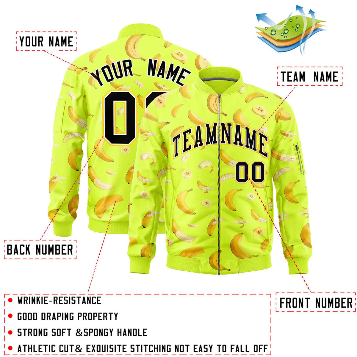 Custom Fluorescent Green Varsity Full-Zip Banana Pattern Letterman Bomber Jacket | Graffiti Pattern | Embroidery&amp;Dye-sublimation printing | KXKSHOP
