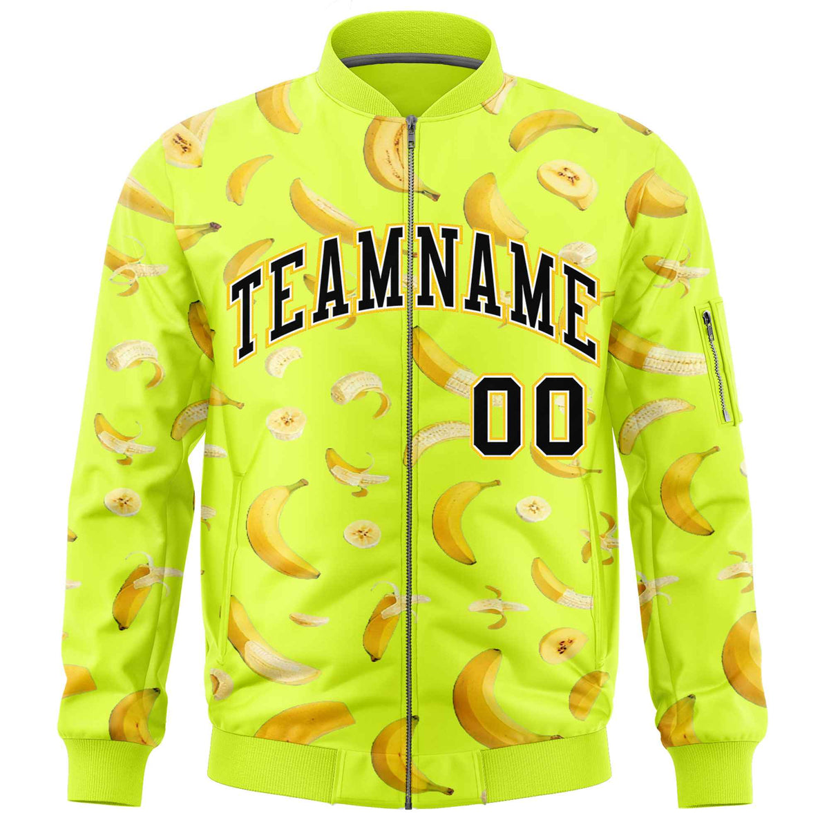 Custom Fluorescent Green Varsity Full-Zip Banana Pattern Letterman Bomber Jacket | Graffiti Pattern | Embroidery&amp;Dye-sublimation printing | KXKSHOP