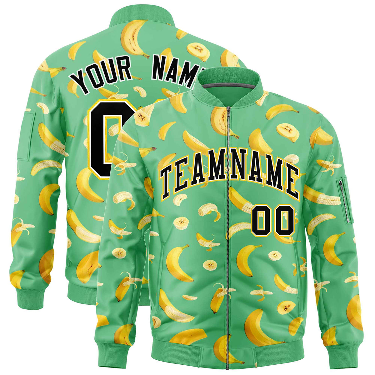 Custom Neon Green Varsity Full-Zip Banana Pattern Letterman Bomber Jacket | Graffiti Pattern | Embroidery&amp;Dye-sublimation printing | KXKSHOP