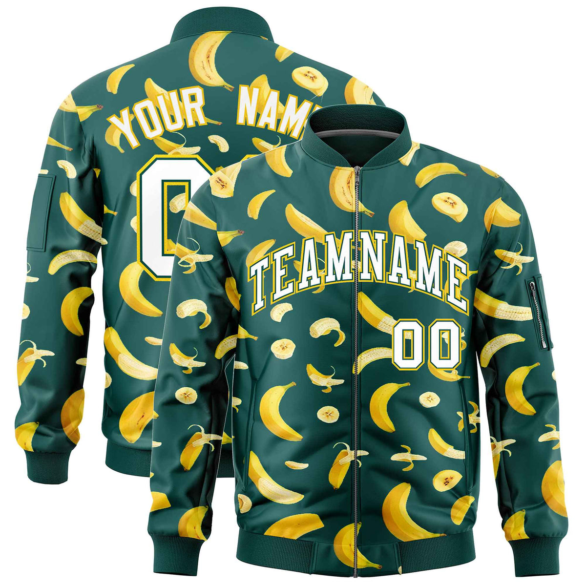 Custom Midnight Green Varsity Full-Zip Banana Pattern Letterman Bomber Jacket | Graffiti Pattern | Embroidery&amp;Dye-sublimation printing | KXKSHOP