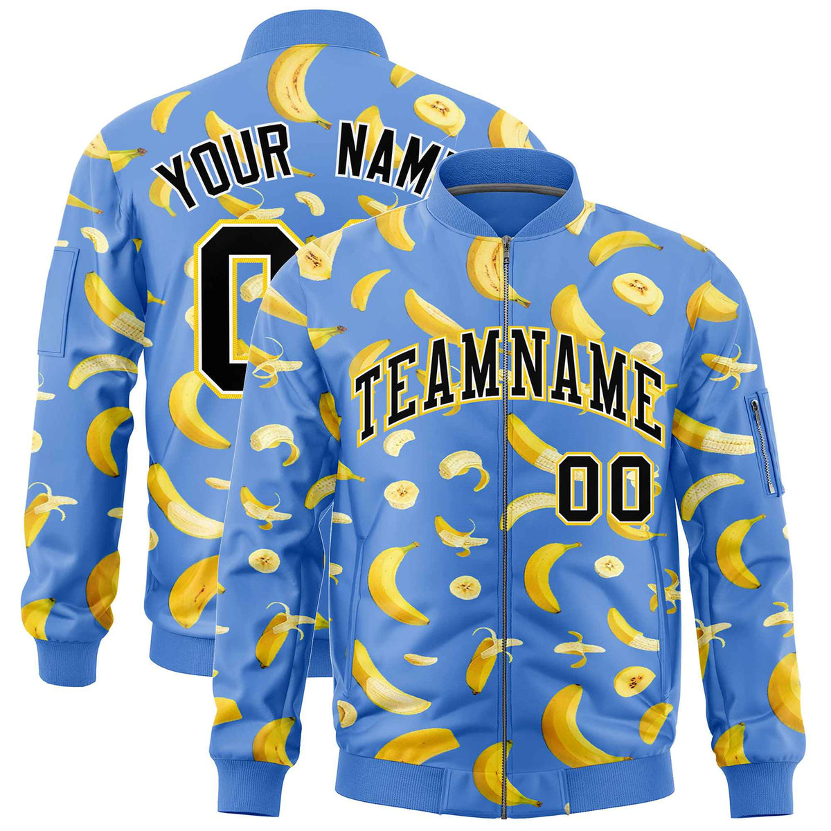 Custom Powder Blue Varsity Full-Zip Banana Pattern Letterman Bomber Jacket | Graffiti Pattern | Embroidery&amp;Dye-sublimation printing | KXKSHOP
