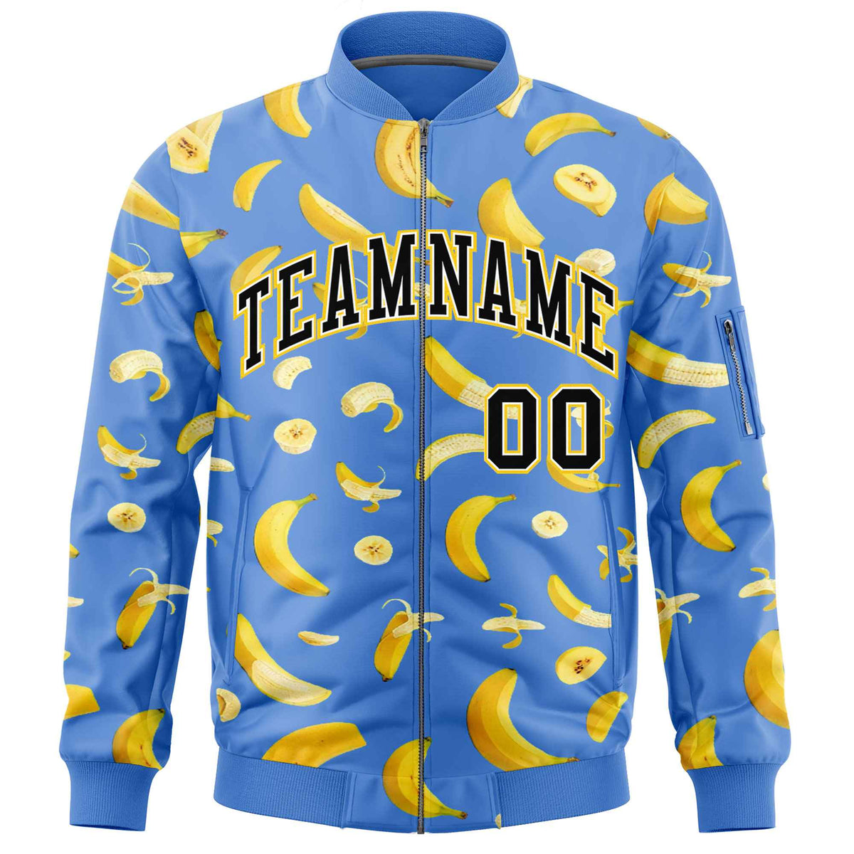 Custom Powder Blue Varsity Full-Zip Banana Pattern Letterman Bomber Jacket | Graffiti Pattern | Embroidery&amp;Dye-sublimation printing | KXKSHOP