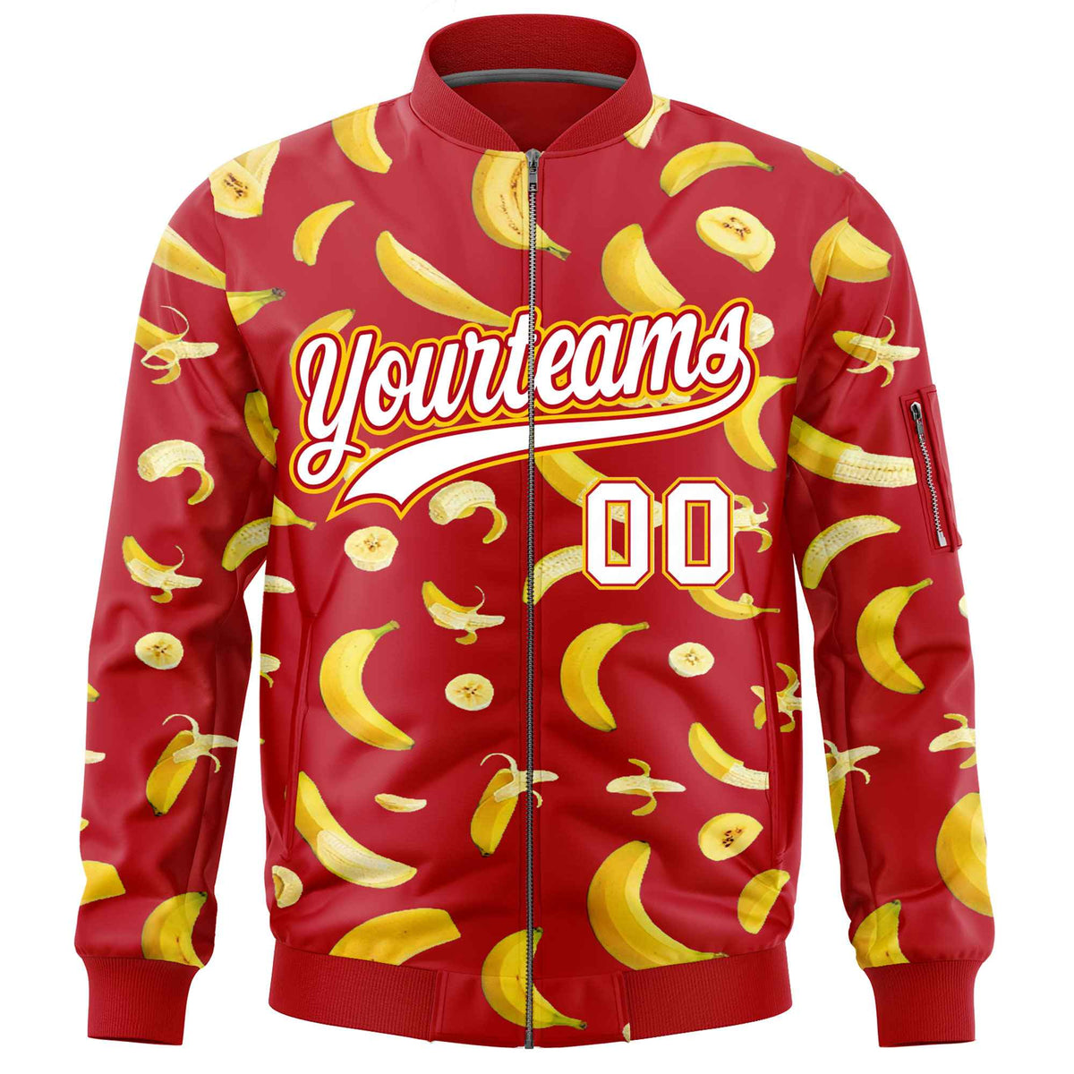 Custom Red Varsity Full-Zip Banana Pattern Letterman Bomber Jacket | Graffiti Pattern | Embroidery&amp;Dye-sublimation printing | KXKSHOP