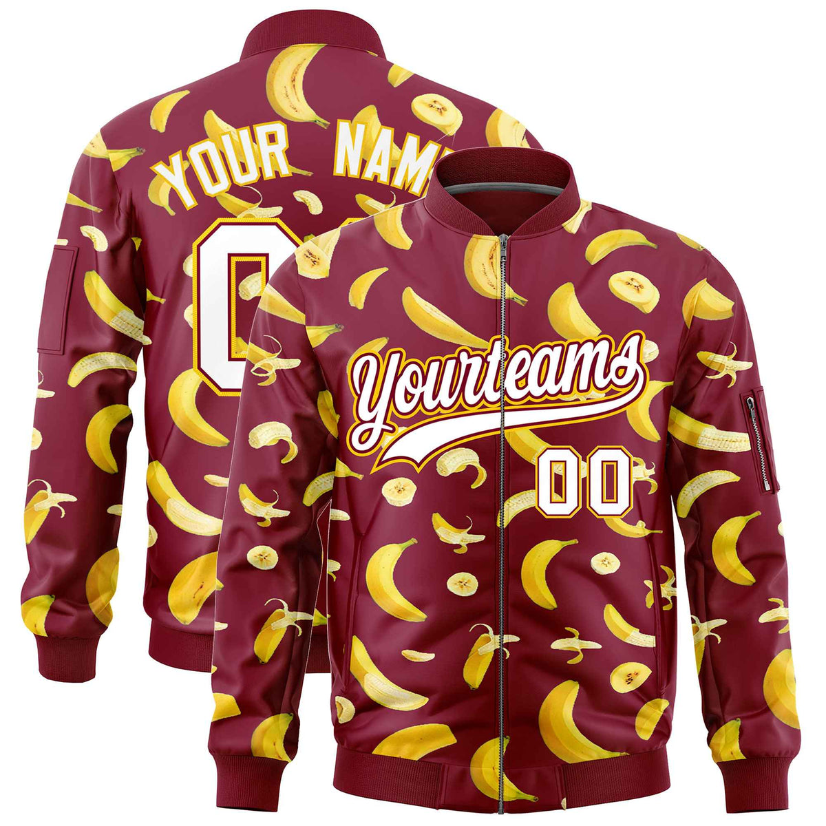 Custom Crimson Varsity Full-Zip Banana Pattern Letterman Bomber Jacket | Graffiti Pattern | Embroidery&amp;Dye-sublimation printing | KXKSHOP