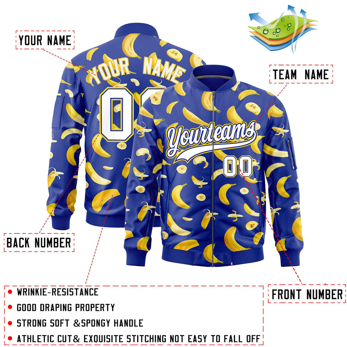Custom Royal Blue Varsity Full-Zip Banana Pattern Letterman Bomber Jacket | Graffiti Pattern | Embroidery&amp;Dye-sublimation printing | KXKSHOP