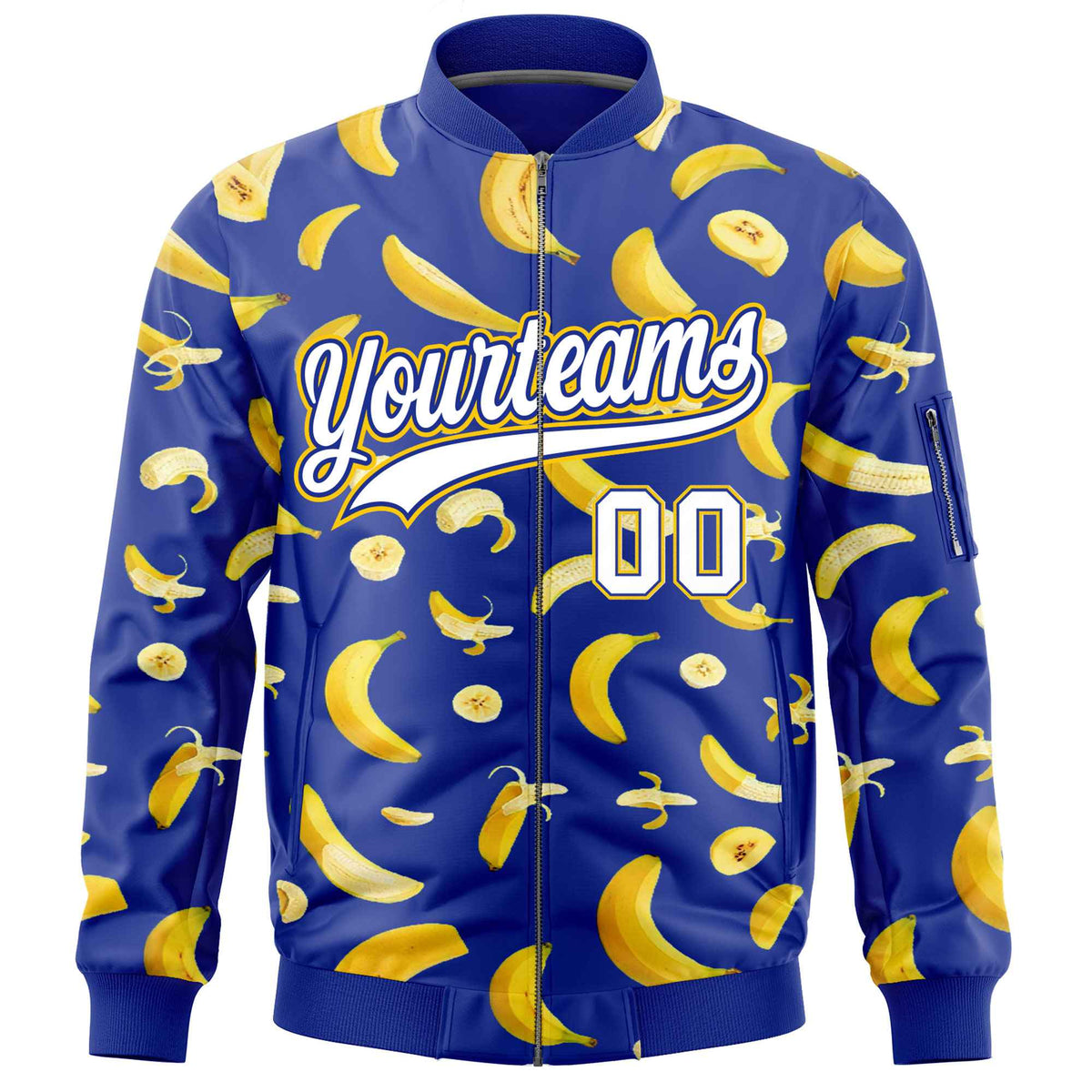 Custom Royal Blue Varsity Full-Zip Banana Pattern Letterman Bomber Jacket | Graffiti Pattern | Embroidery&amp;Dye-sublimation printing | KXKSHOP