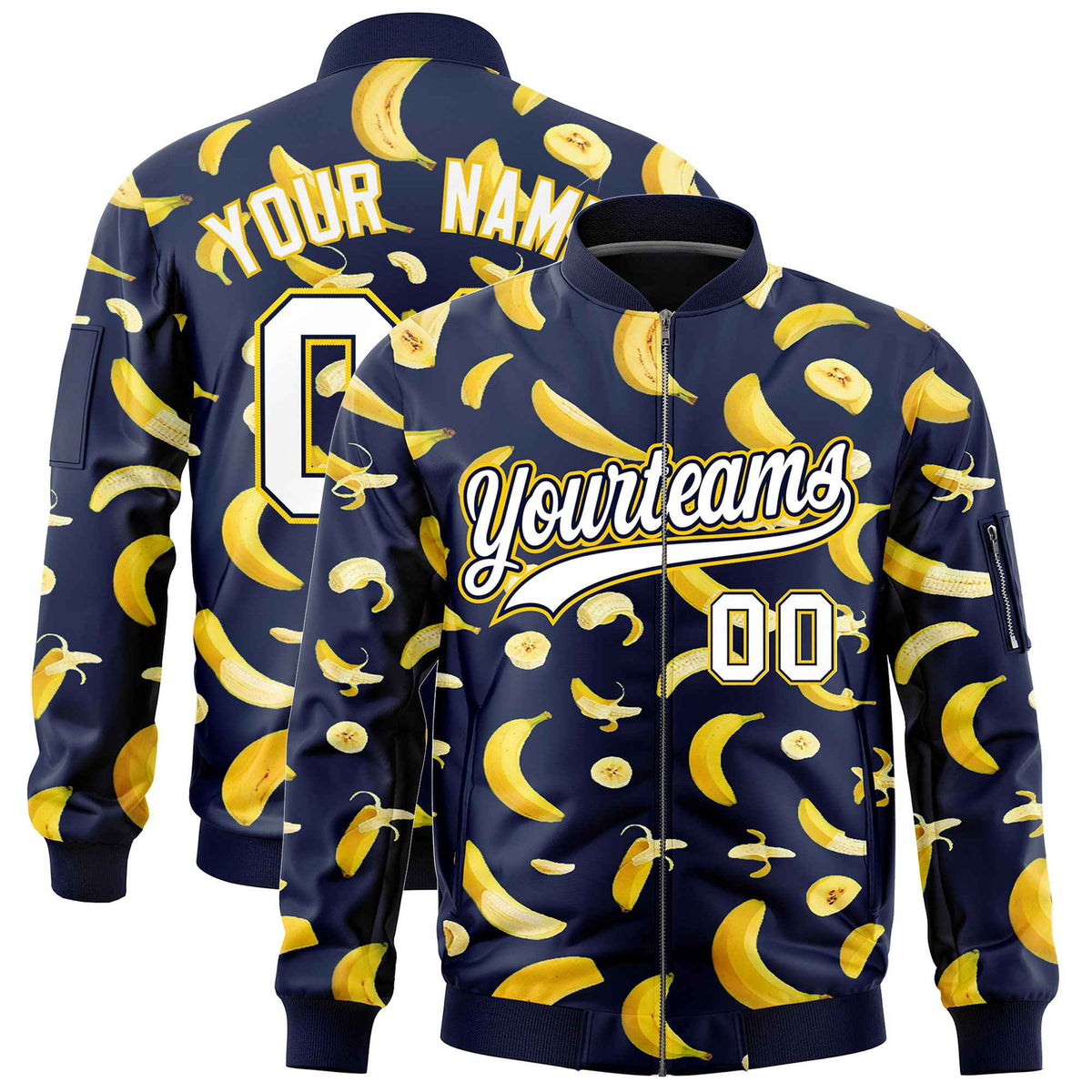 Custom Navy Varsity Full-Zip Banana Pattern Letterman Bomber Jacket | Graffiti Pattern | Embroidery&amp;Dye-sublimation printing | KXKSHOP