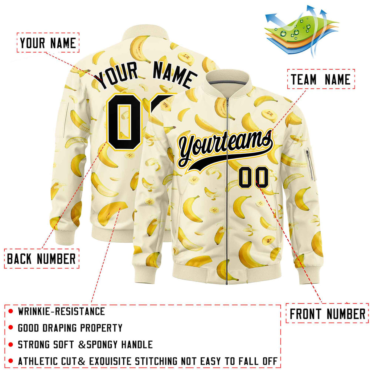 Custom Cream Varsity Full-Zip Banana Pattern Letterman Bomber Jacket | Graffiti Pattern | Embroidery&amp;Dye-sublimation printing | KXKSHOP