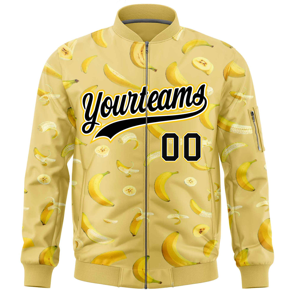 Custom Old Gold Varsity Full-Zip Banana Pattern Letterman Bomber Jacket | Graffiti Pattern | Embroidery&amp;Dye-sublimation printing | KXKSHOP