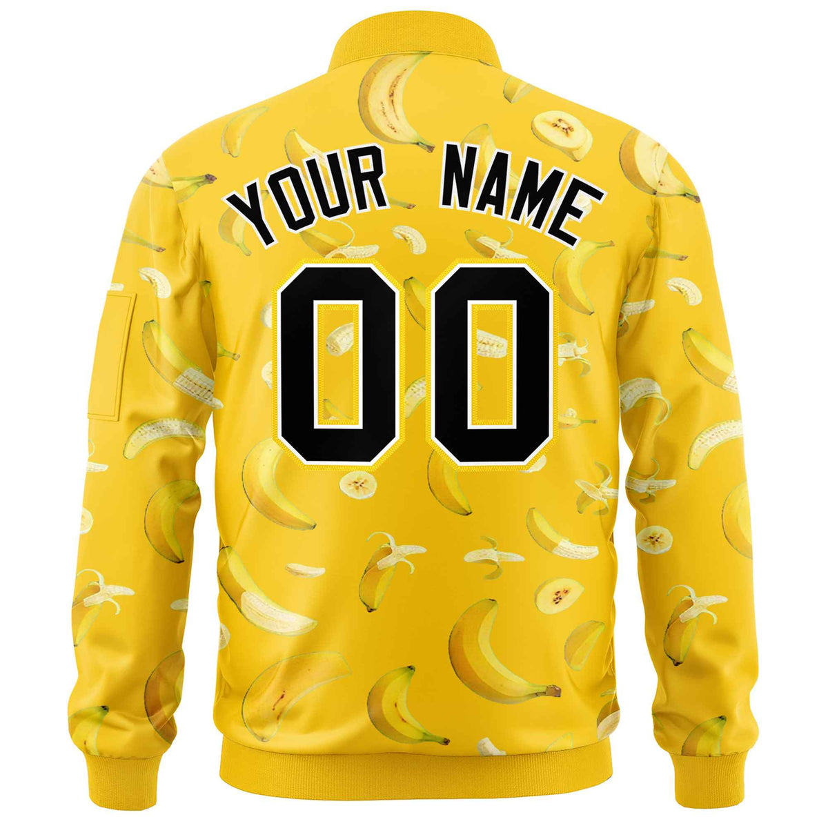 Custom Gold Varsity Full-Zip Banana Pattern Letterman Bomber Jacket | Graffiti Pattern | Embroidery&amp;Dye-sublimation printing | KXKSHOP