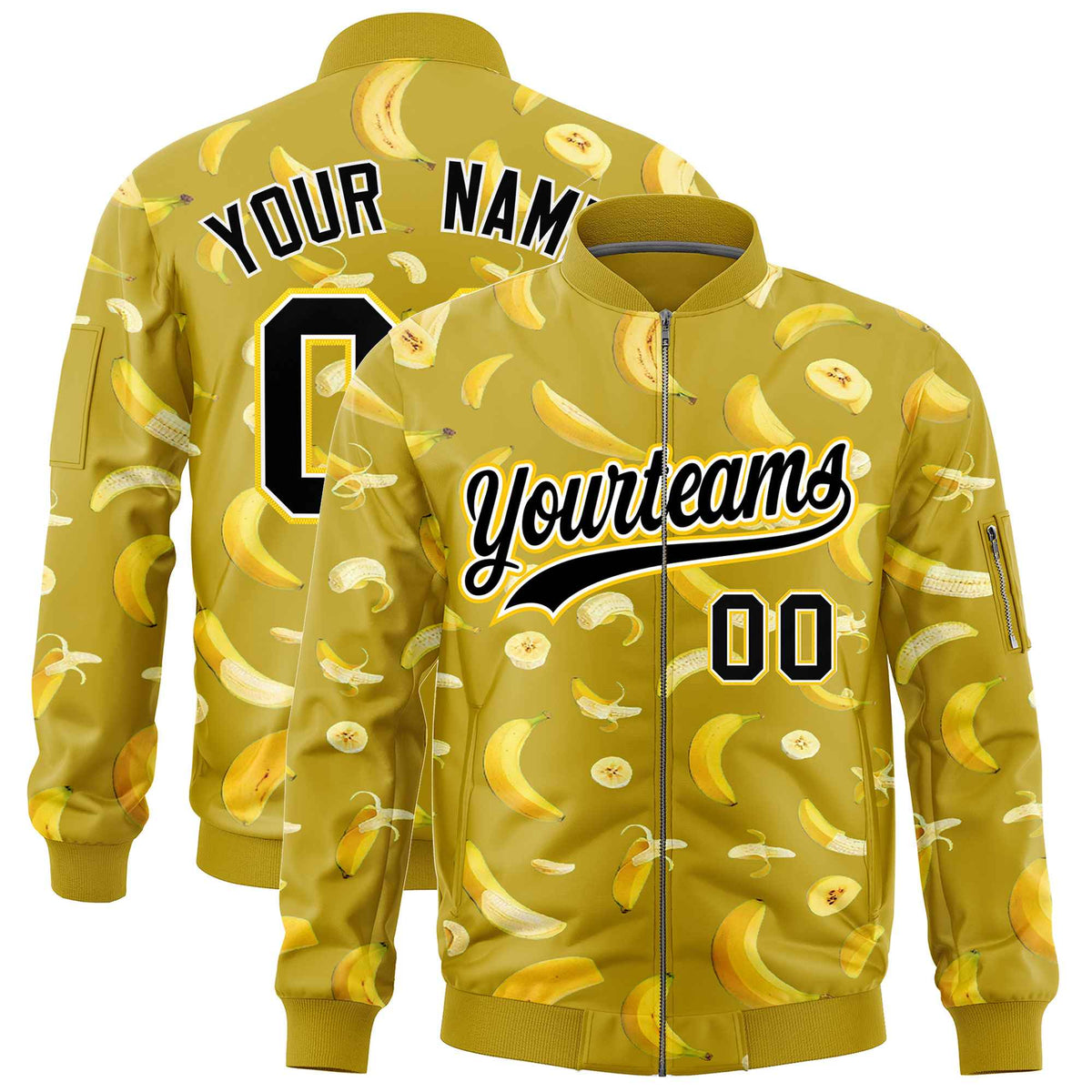 Custom Old Gold Varsity Full-Zip Banana Pattern Letterman Bomber Jacket | Graffiti Pattern | Embroidery&amp;Dye-sublimation printing | KXKSHOP