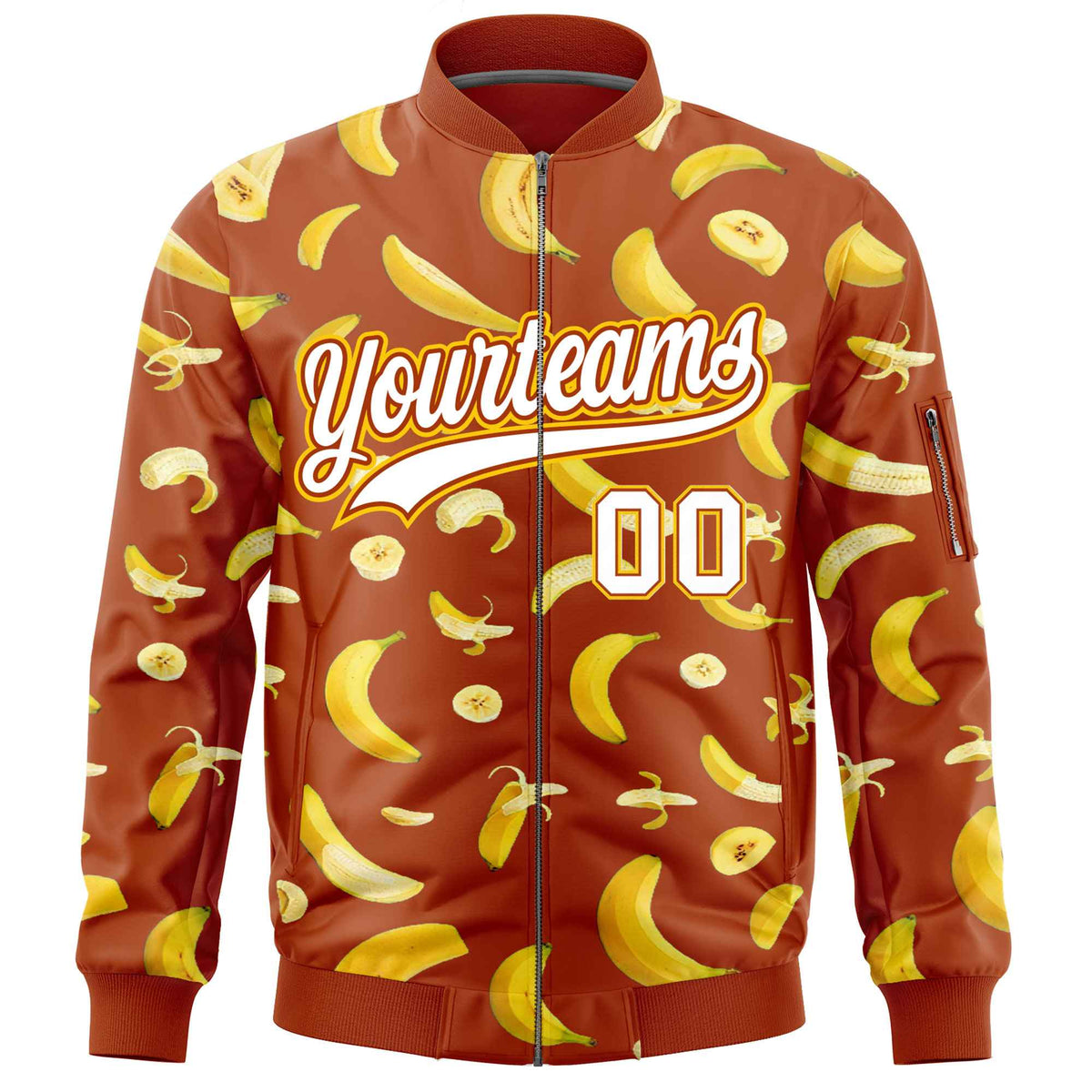Custom Dark Orange Varsity Full-Zip Banana Pattern Letterman Bomber Jacket | Graffiti Pattern | Embroidery&amp;Dye-sublimation printing | KXKSHOP