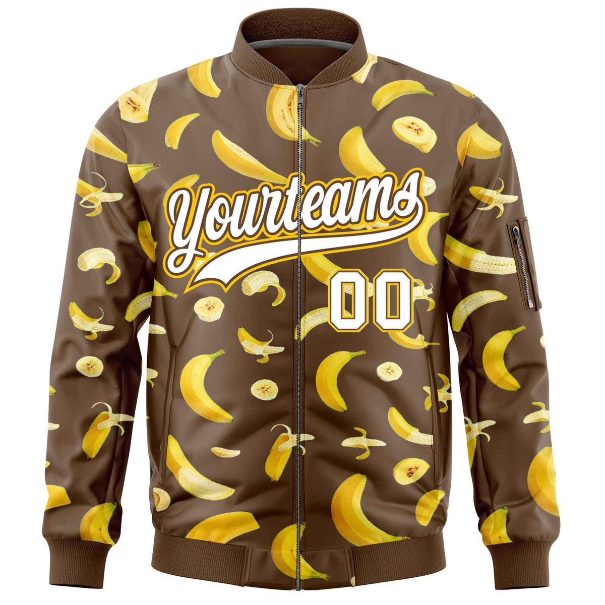 Custom Light Brown Varsity Full-Zip Banana Pattern Letterman Bomber Jacket | Graffiti Pattern | Embroidery&amp;Dye-sublimation printing | KXKSHOP