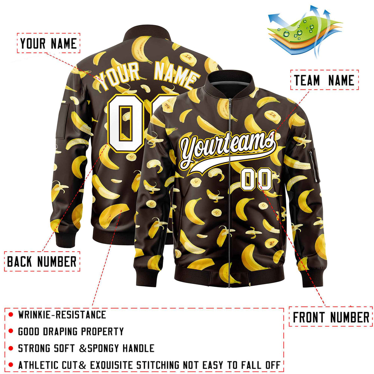 Custom Brown Varsity Full-Zip Banana Pattern Letterman Bomber Jacket | Graffiti Pattern | Embroidery&amp;Dye-sublimation printing | KXKSHOP