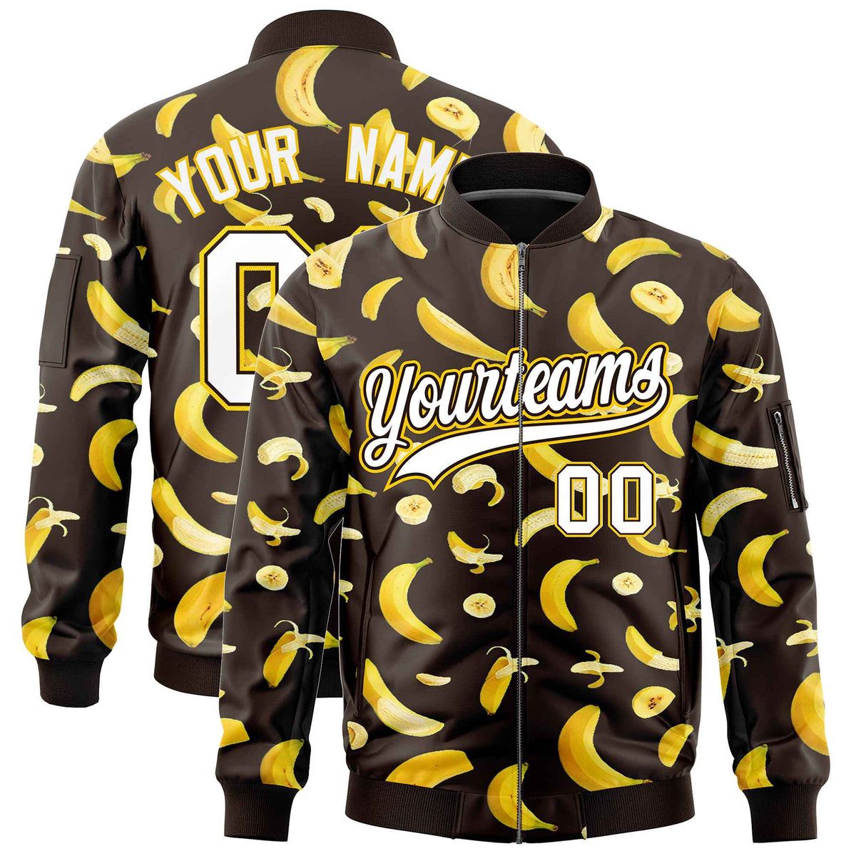 Custom Brown Varsity Full-Zip Banana Pattern Letterman Bomber Jacket | Graffiti Pattern | Embroidery&amp;Dye-sublimation printing | KXKSHOP