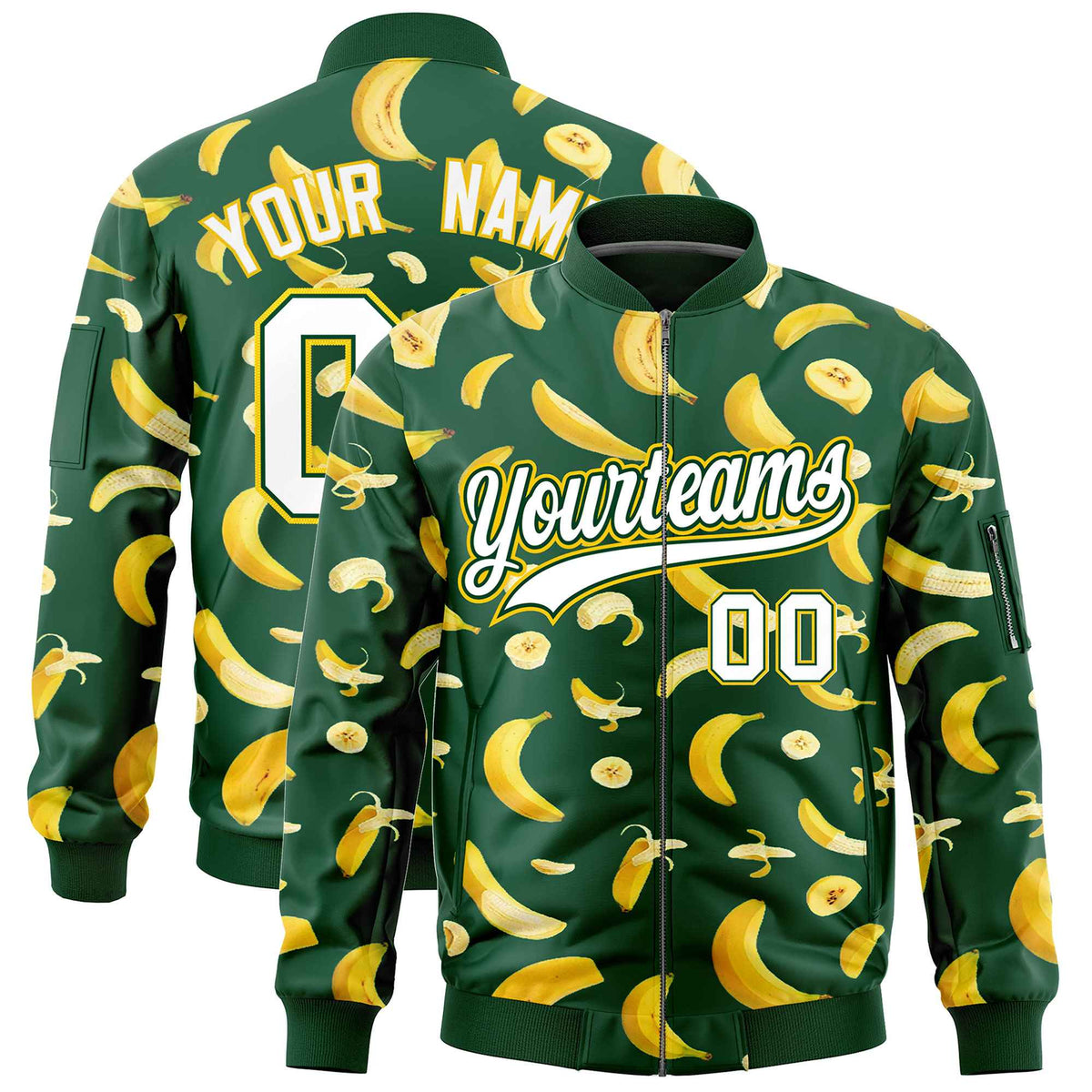 Custom Green Varsity Full-Zip Banana Pattern Letterman Bomber Jacket | Graffiti Pattern | Embroidery&amp;Dye-sublimation printing | KXKSHOP