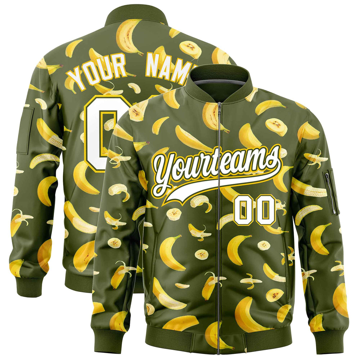 Custom Olive Varsity Full-Zip Banana Pattern Letterman Bomber Jacket | Graffiti Pattern | Embroidery&amp;Dye-sublimation printing | KXKSHOP