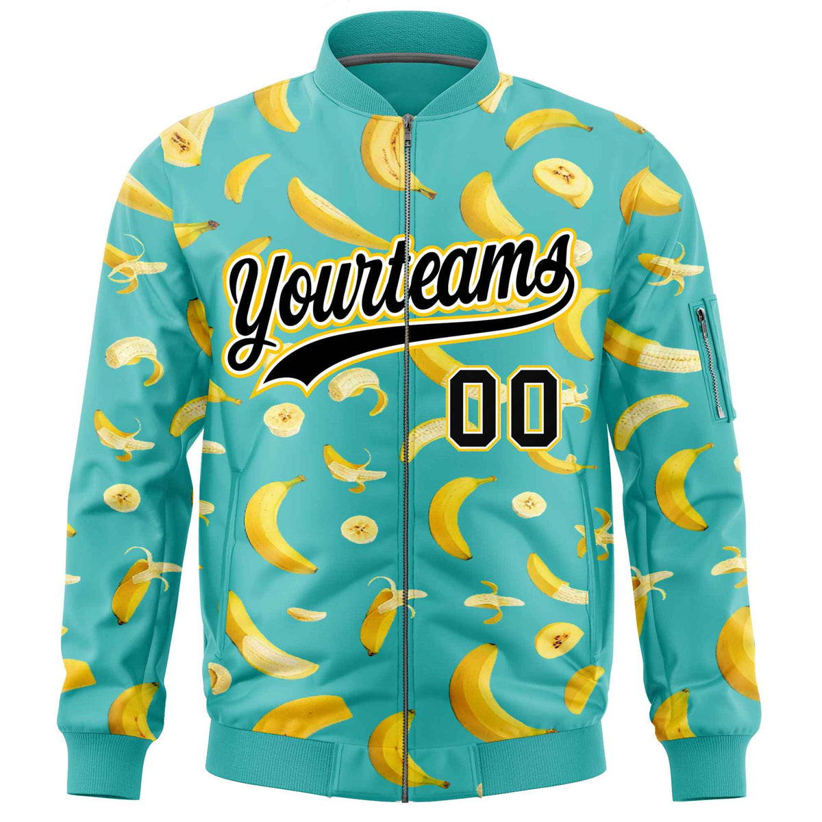 Custom Teal Varsity Full-Zip Banana Pattern Letterman Bomber Jacket | Graffiti Pattern | Embroidery&amp;Dye-sublimation printing | KXKSHOP