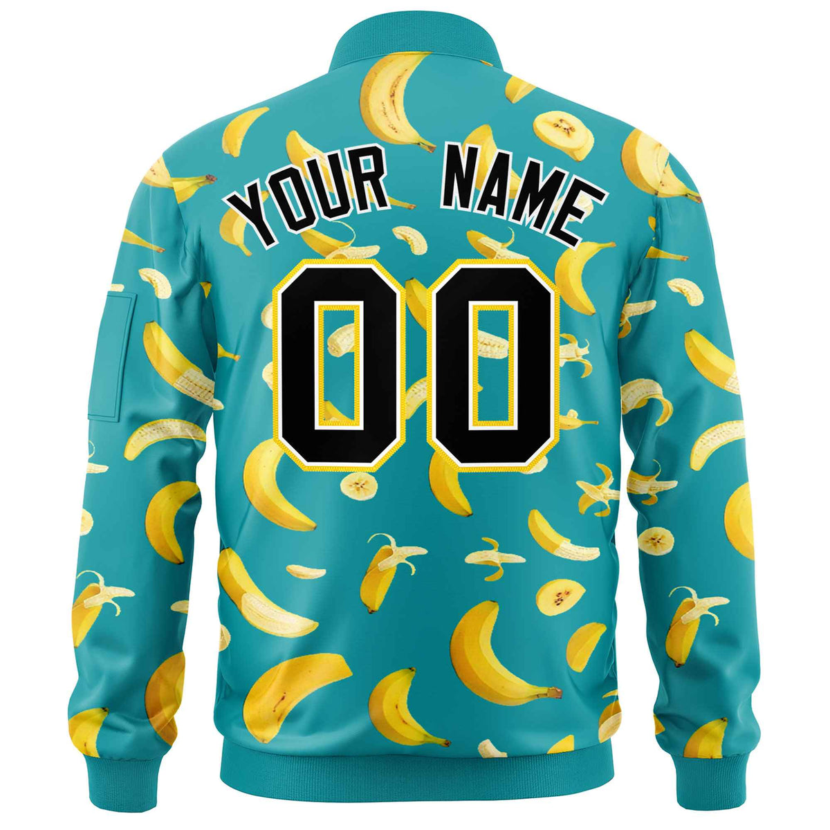 Custom Aqua Varsity Full-Zip Banana Pattern Letterman Bomber Jacket | Graffiti Pattern | Embroidery&amp;Dye-sublimation printing | KXKSHOP