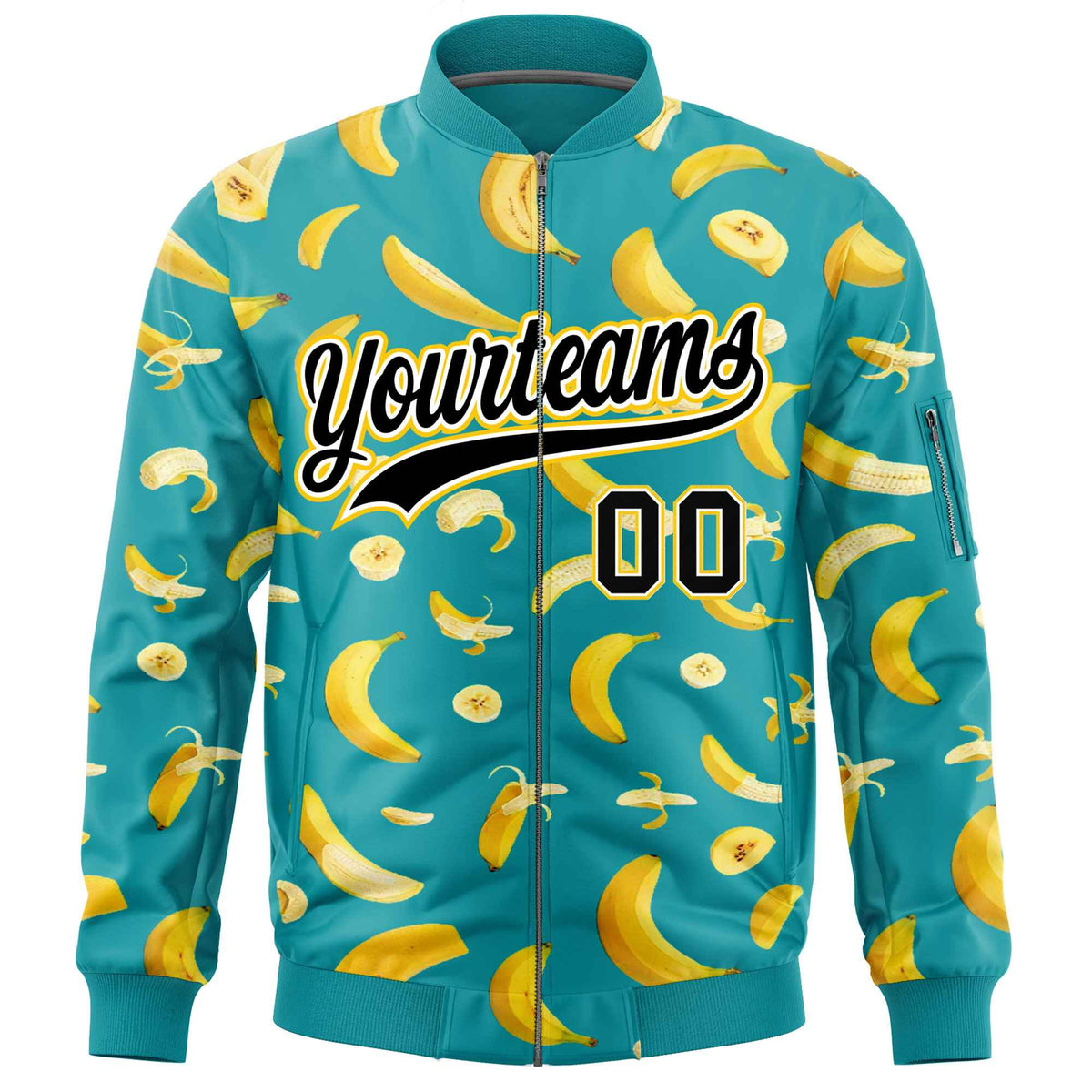 Custom Aqua Varsity Full-Zip Banana Pattern Letterman Bomber Jacket | Graffiti Pattern | Embroidery&amp;Dye-sublimation printing | KXKSHOP
