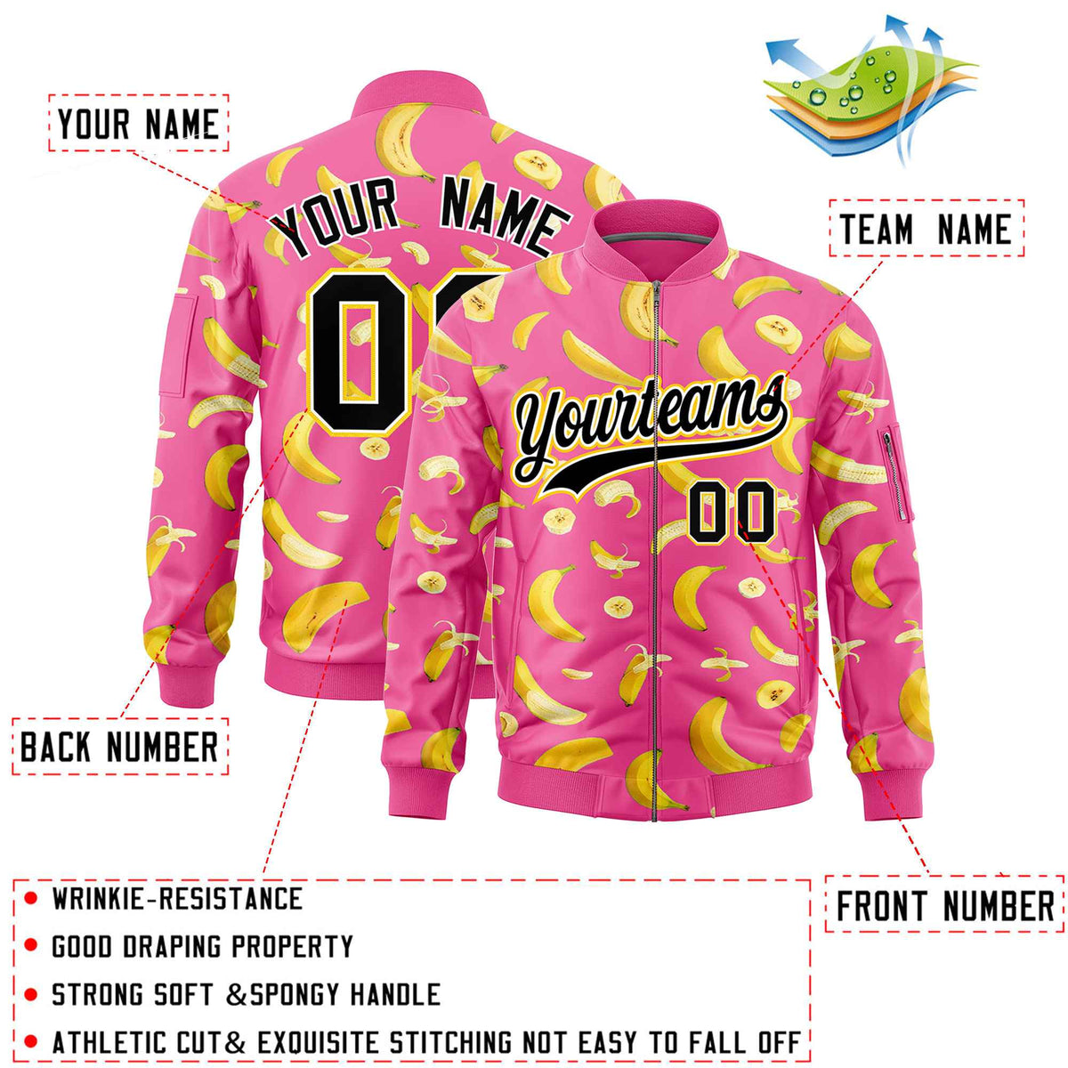 Custom Pink Varsity Full-Zip Banana Pattern Letterman Bomber Jacket | Graffiti Pattern | Embroidery&amp;Dye-sublimation printing | KXKSHOP