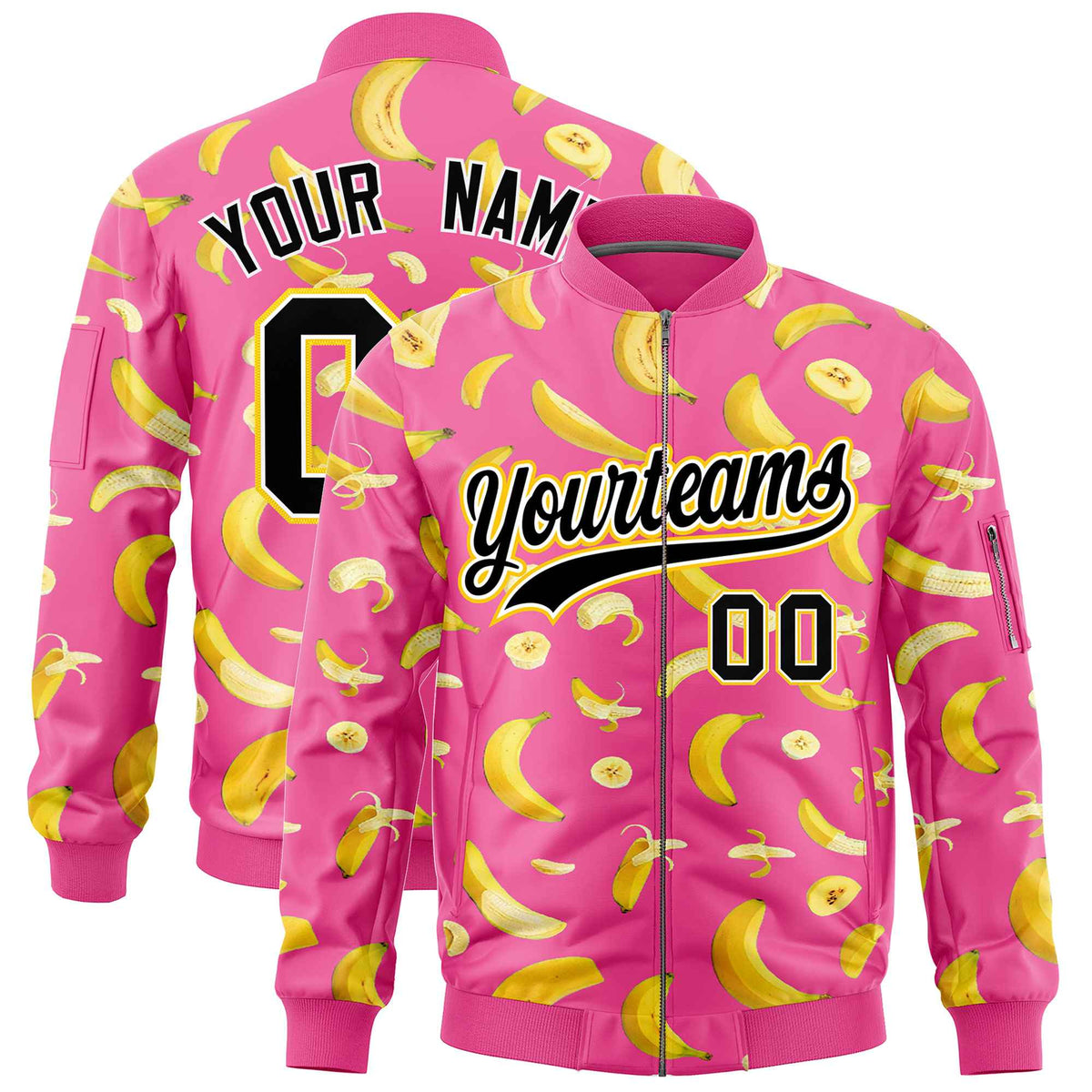 Custom Pink Varsity Full-Zip Banana Pattern Letterman Bomber Jacket | Graffiti Pattern | Embroidery&amp;Dye-sublimation printing | KXKSHOP