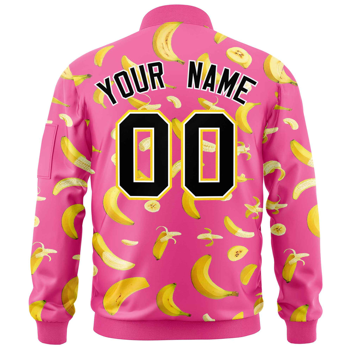 Custom Pink Varsity Full-Zip Banana Pattern Letterman Bomber Jacket | Graffiti Pattern | Embroidery&amp;Dye-sublimation printing | KXKSHOP