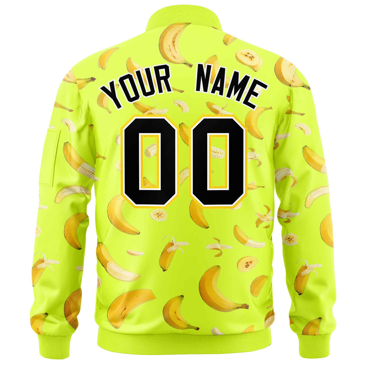 Custom Fluorescent Green Varsity Full-Zip Banana Pattern Letterman Bomber Jacket | Graffiti Pattern | Embroidery&amp;Dye-sublimation printing | KXKSHOP