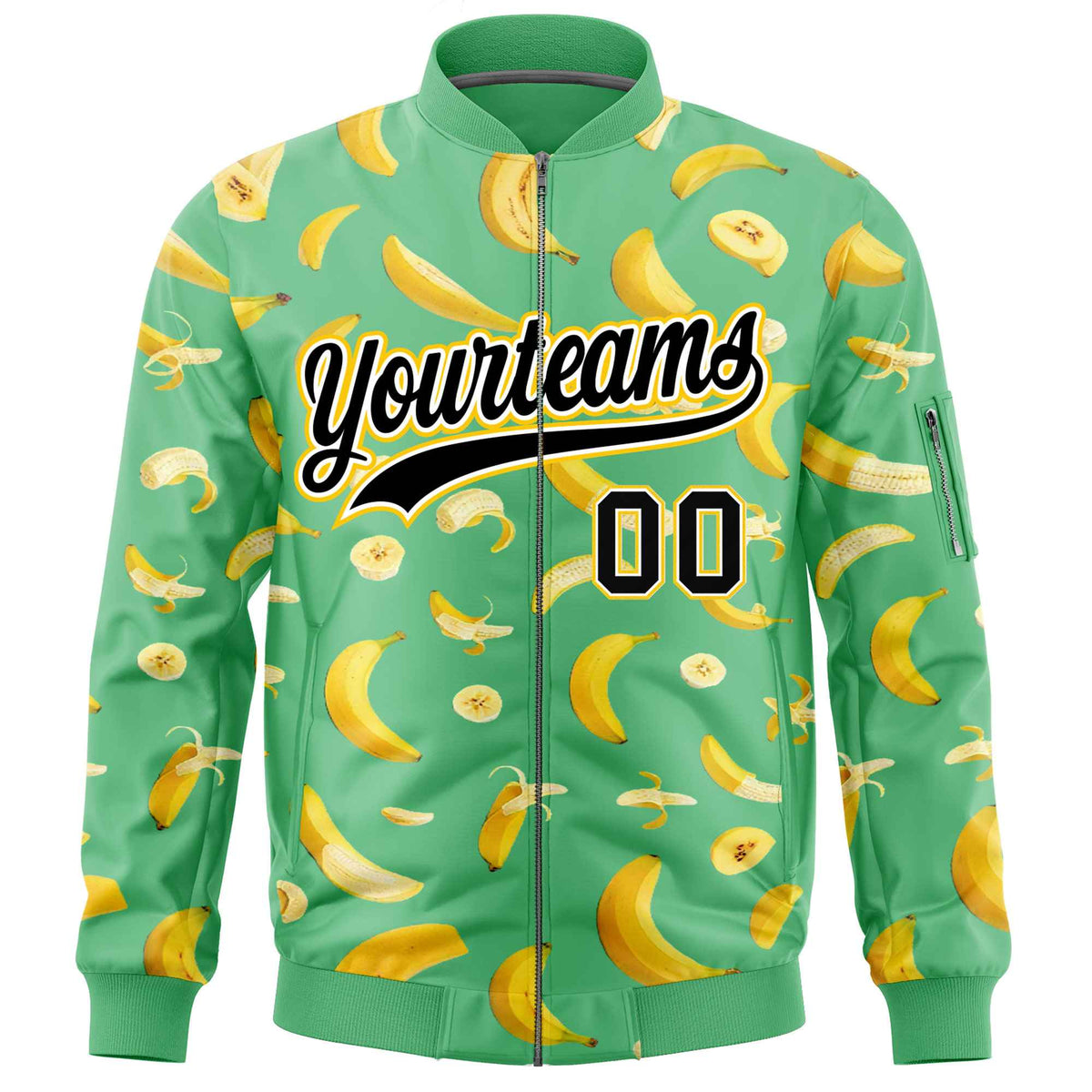 Custom Neon Green Varsity Full-Zip Banana Pattern Letterman Bomber Jacket | Graffiti Pattern | Embroidery&amp;Dye-sublimation printing | KXKSHOP