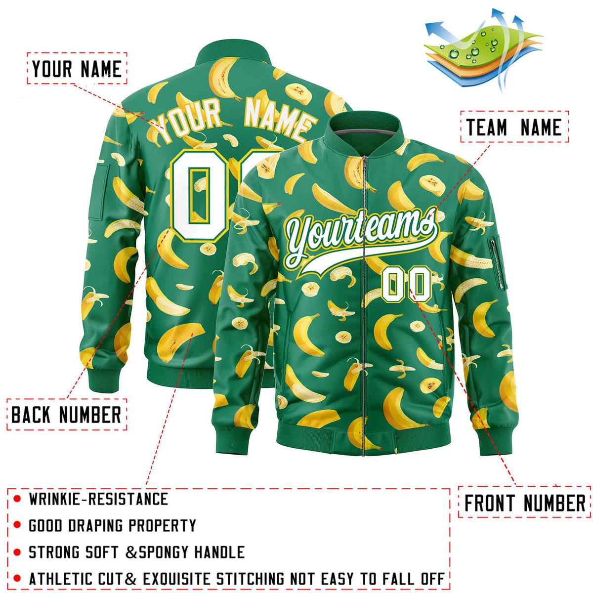 Custom Kelly Green Varsity Full-Zip Banana Pattern Letterman Bomber Jacket | Graffiti Pattern | Embroidery&amp;Dye-sublimation printing | KXKSHOP