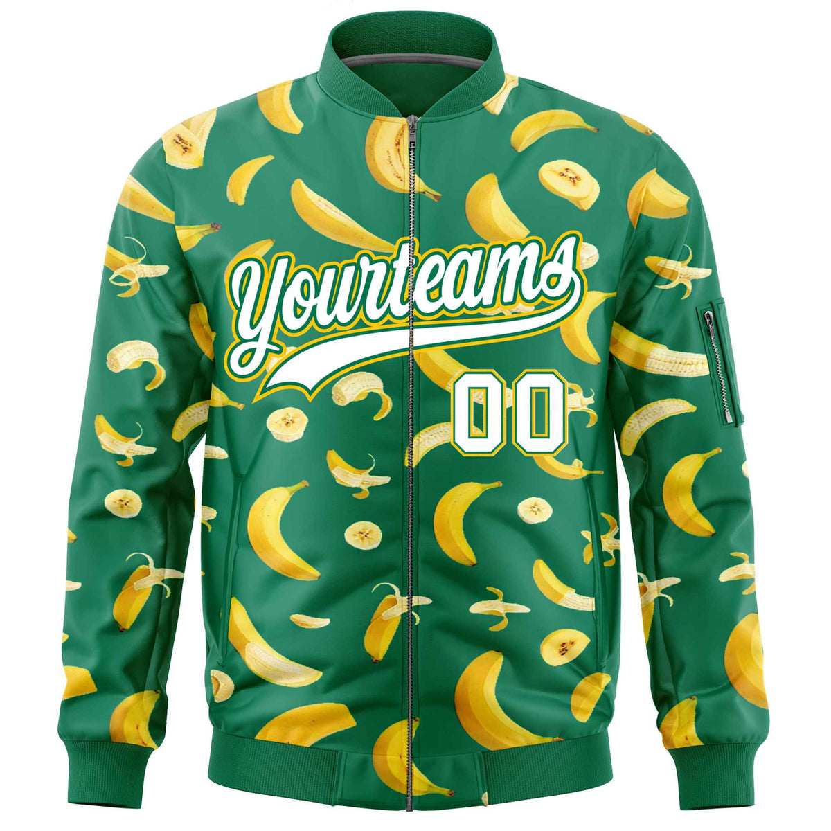 Custom Kelly Green Varsity Full-Zip Banana Pattern Letterman Bomber Jacket | Graffiti Pattern | Embroidery&amp;Dye-sublimation printing | KXKSHOP