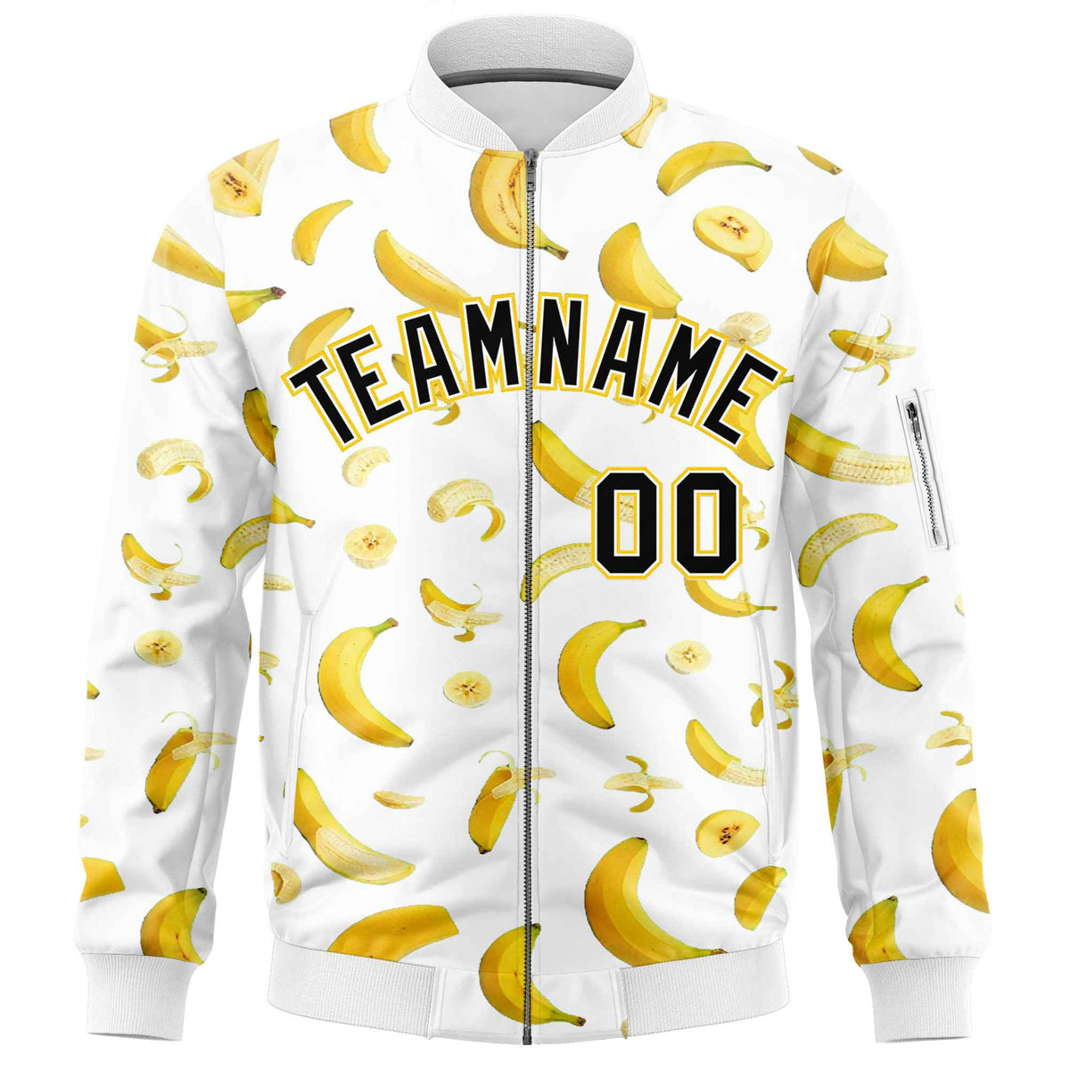 Custom White Varsity Full-Zip Banana Pattern Letterman Bomber Jacket | Graffiti Pattern | Embroidery&amp;Dye-sublimation printing | KXKSHOP