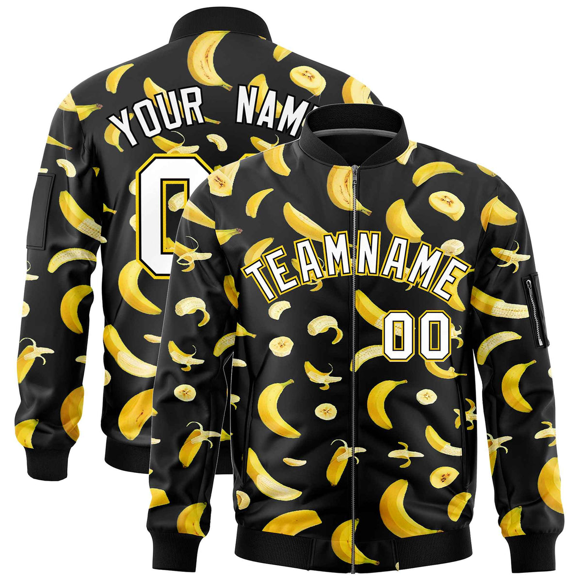 Custom Black Varsity Full-Zip Banana Pattern Letterman Bomber Jacket | Graffiti Pattern | Embroidery&amp;Dye-sublimation printing | KXKSHOP