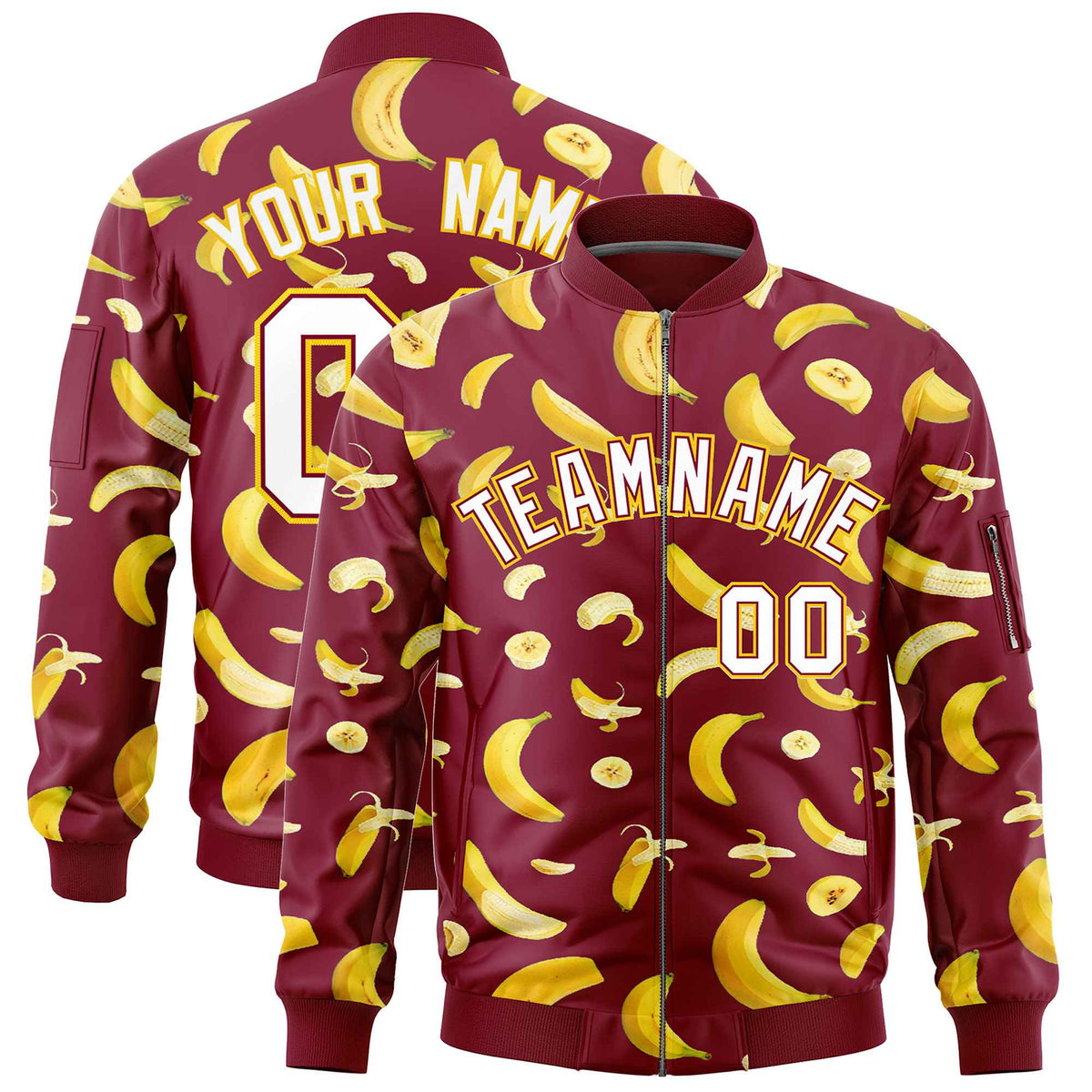 Custom Crimson Varsity Full-Zip Banana Pattern Letterman Bomber Jacket | Graffiti Pattern | Embroidery&amp;Dye-sublimation printing | KXKSHOP
